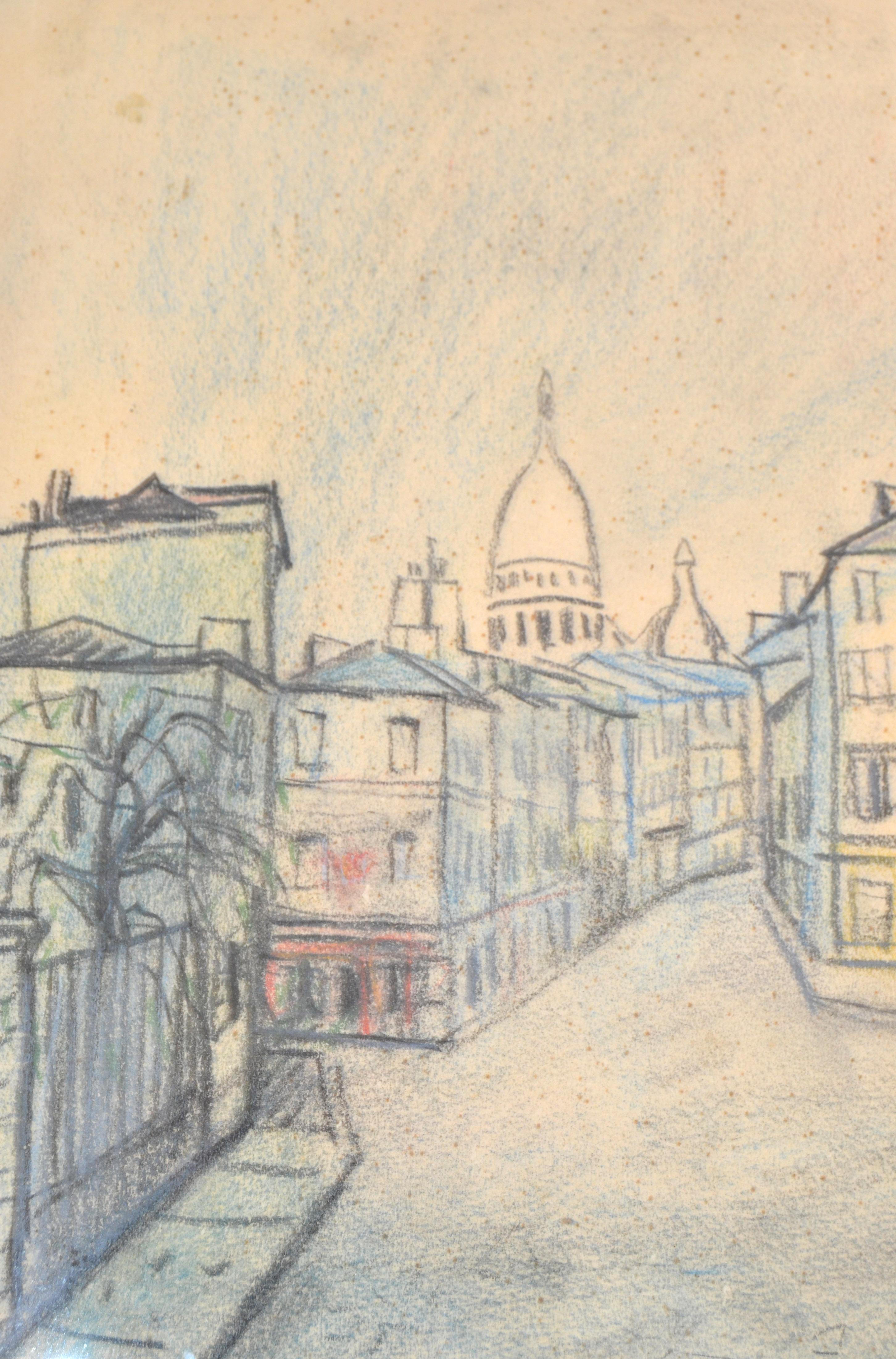 Late 20th Century Cityscape Painting Pencil on Board Framed France Mid-Century Modern 70s For Sale