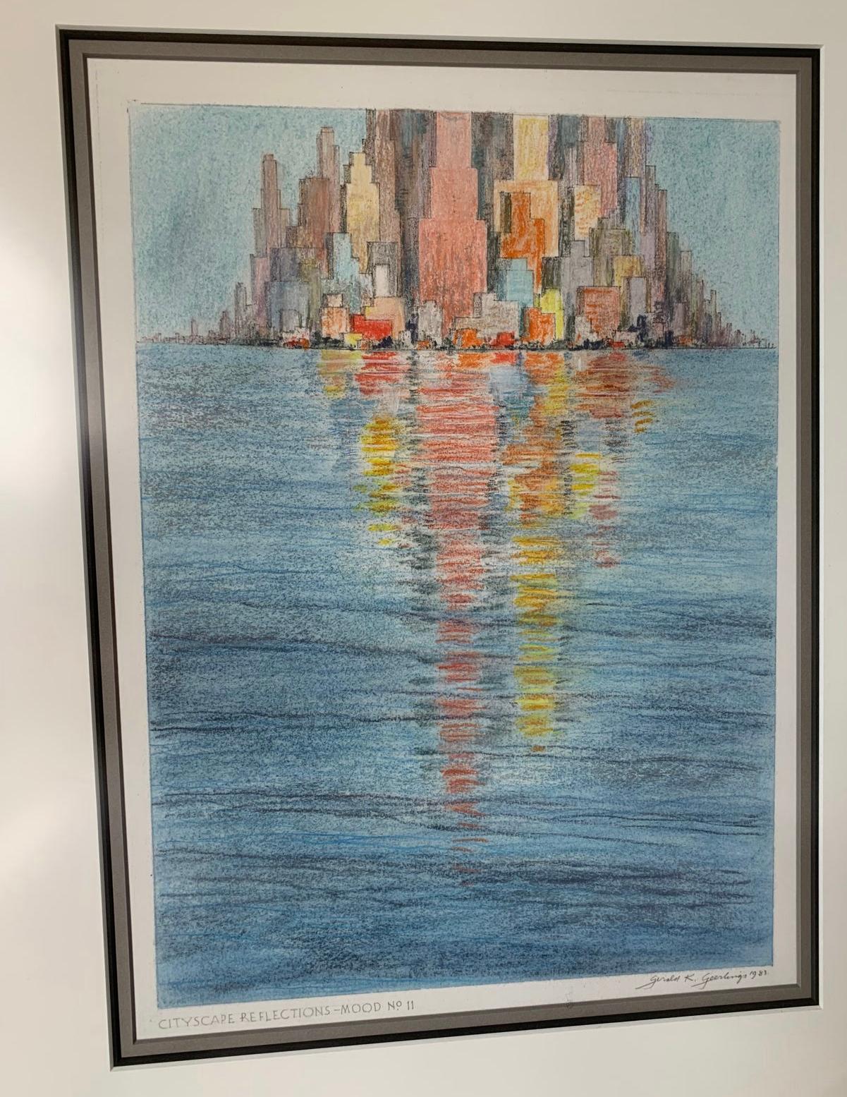 Cityscape Reflections – Mood No. 11, 1983 by Gerald K. Geerlings. Lithograph with pastel hand-coloring.
Part of a limited edition series of 40 from the series, 