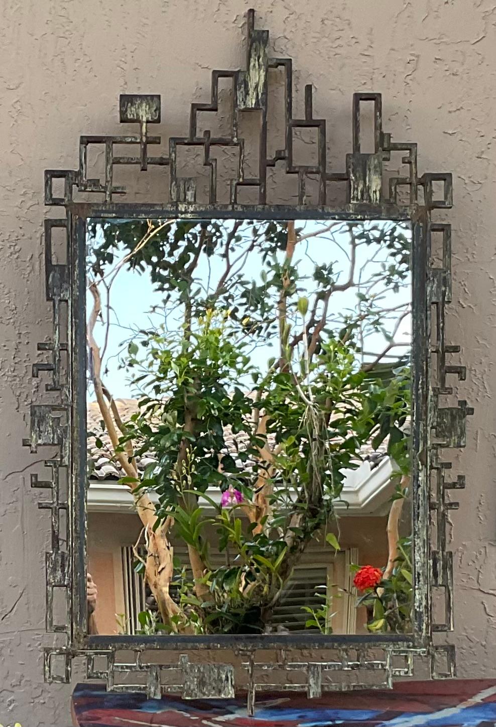 Elegant mirror artistically made of iron, interesting motif of Cityscape , nice patina , The mirror is treated and seal for rust.
Beautiful object of art for wall display.
Mirror size only: 28”.5 x 22”.5 x 1
Full mirror size: 48”.5 x 31”.5 x 1.