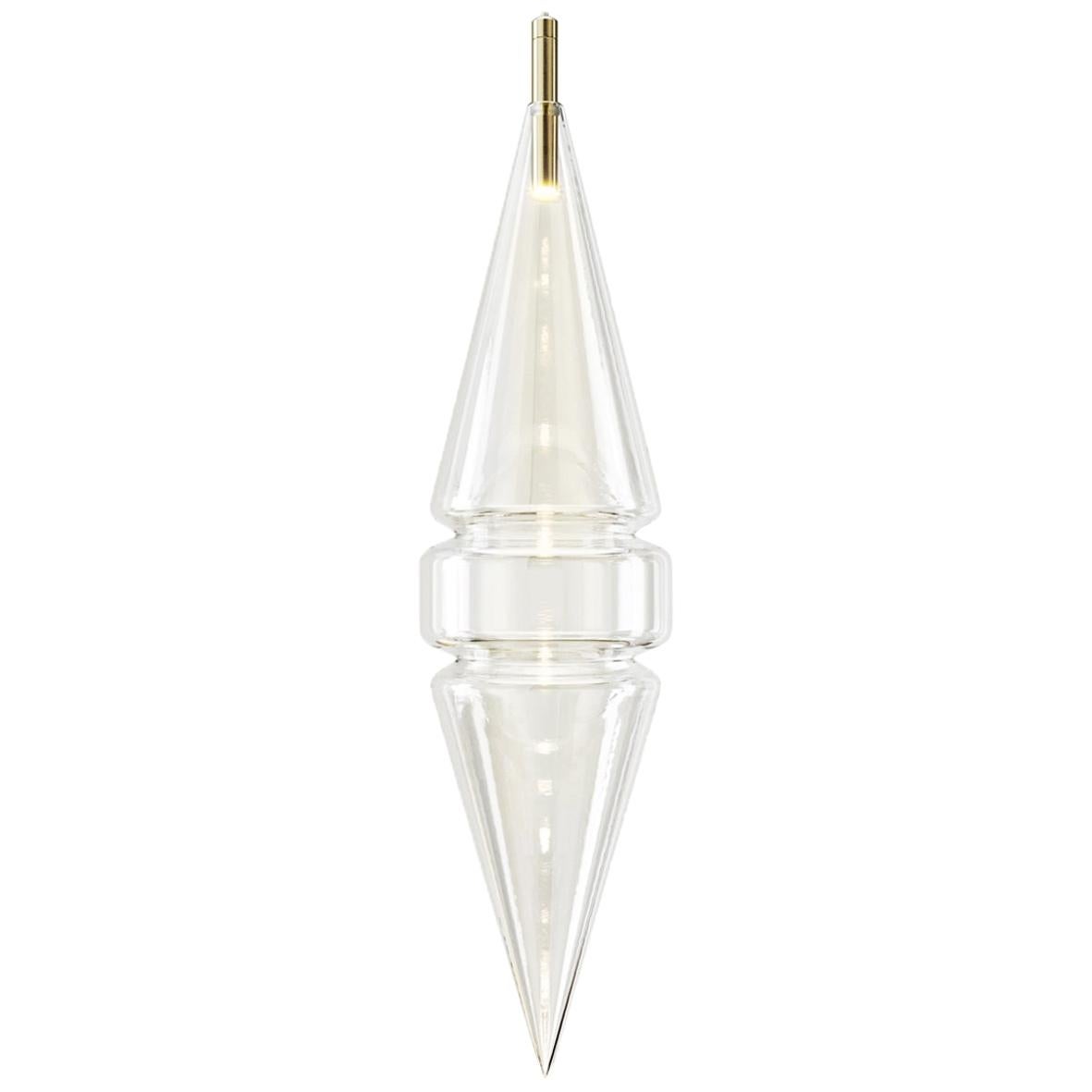 'Cityscape Sym' Minimal Blown Clear Glass and Satin Brass Ceiling Lamp, Pendant For Sale