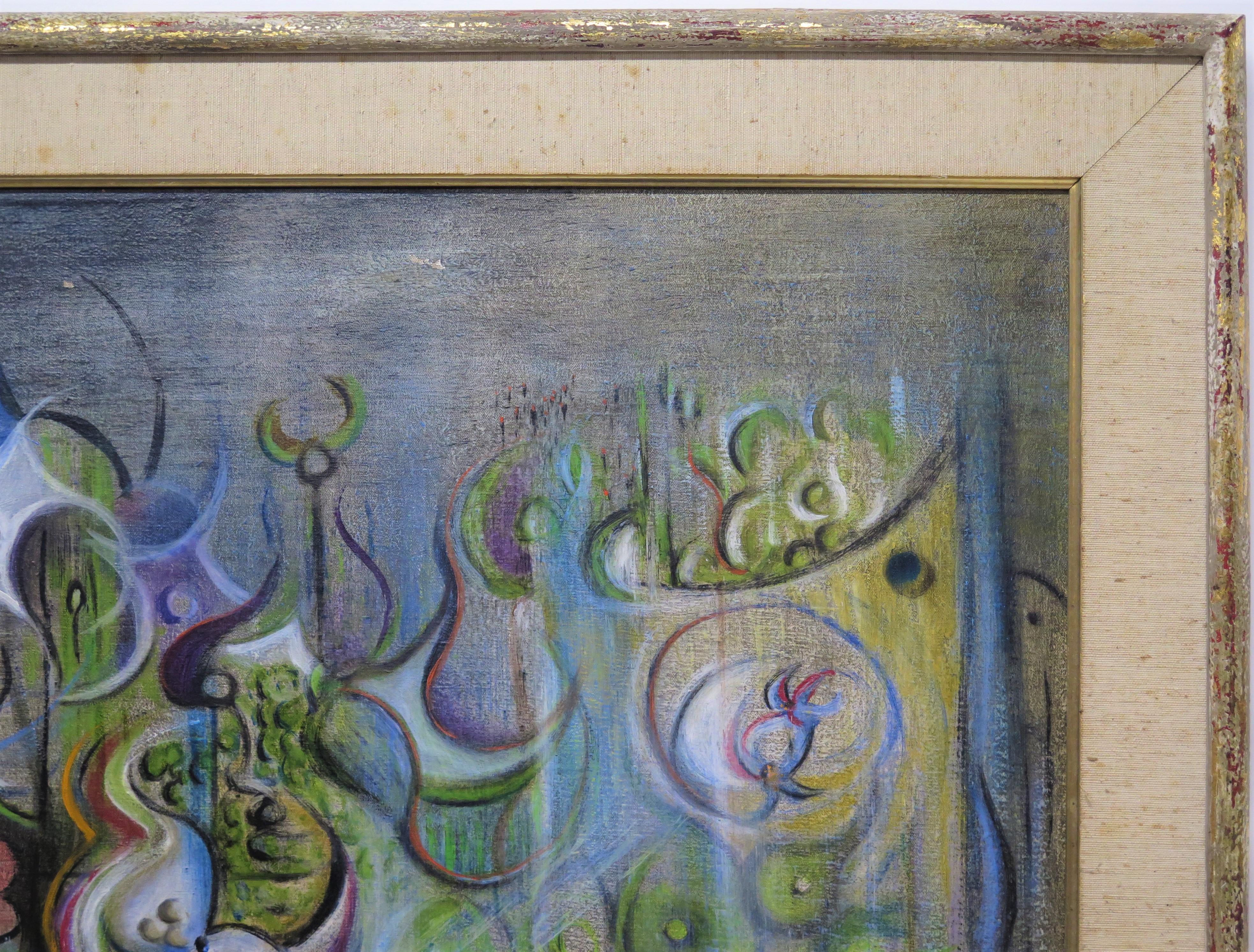 Roy Dimitri Parsons huile sur toile de style surréaliste, encadrée, signée et datée en bas à droite. DIMITRI '62 