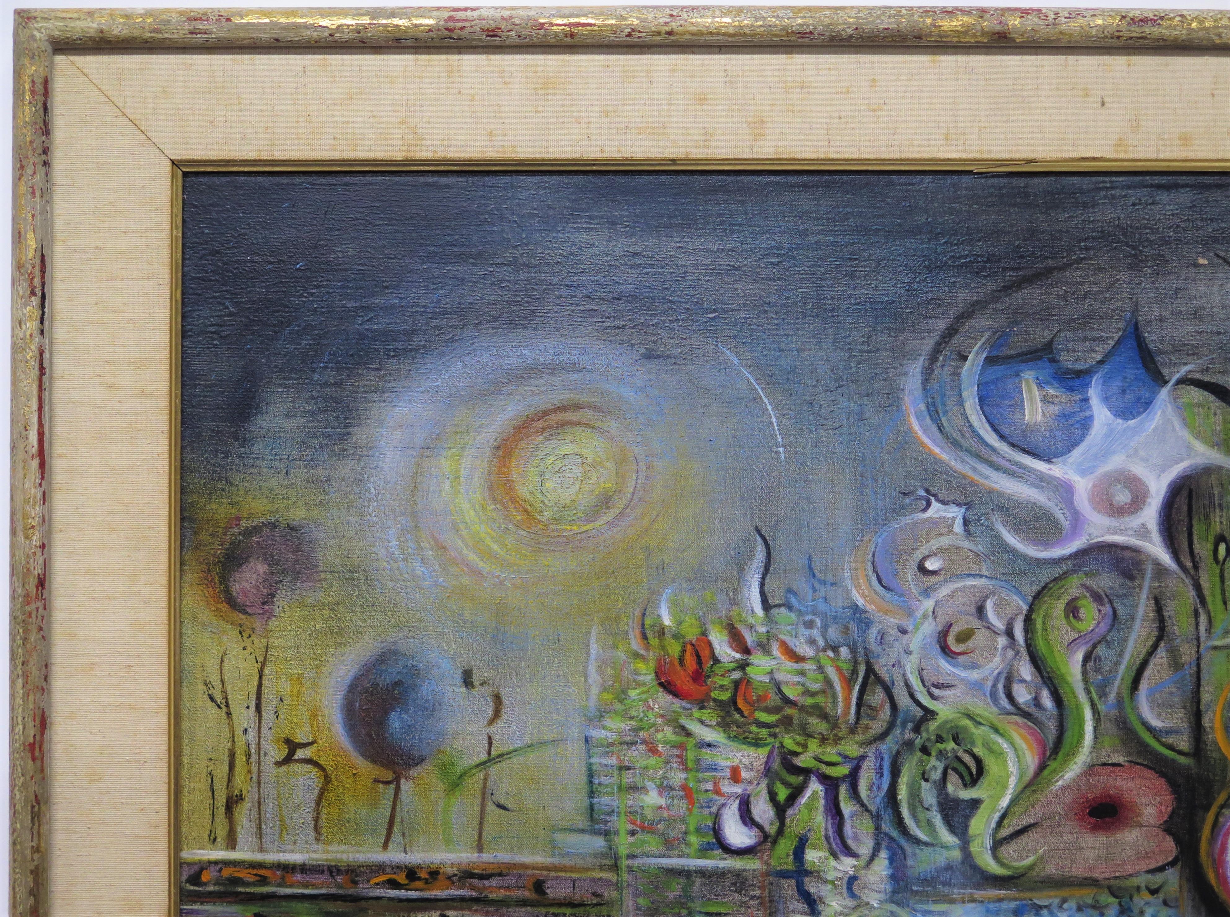 Mid-Century Modern Cityscapes '62, by Surrealist Painter Roy Dimitri Parsons (American, 1926-2007) For Sale