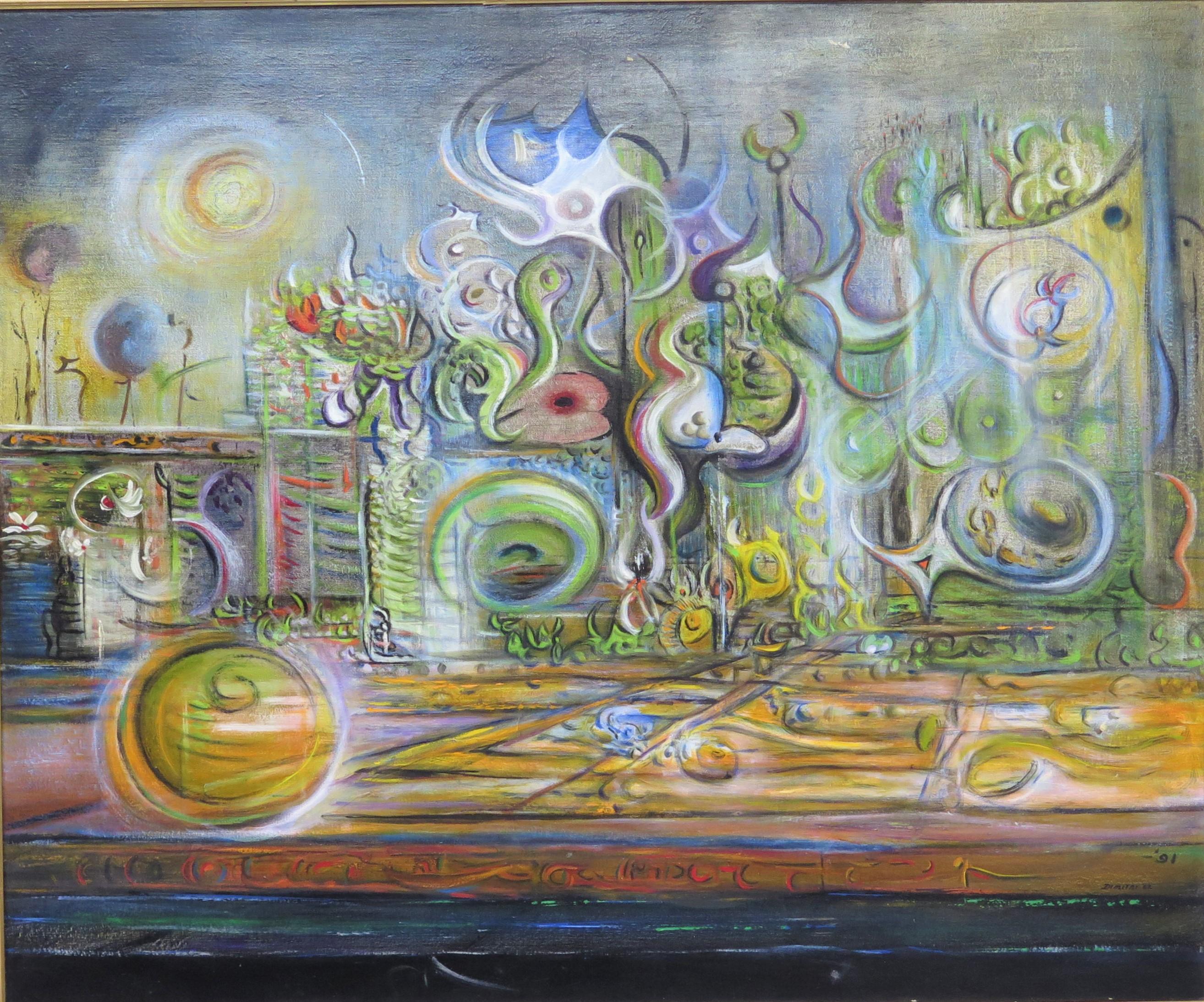 Hand-Painted Cityscapes '62, by Surrealist Painter Roy Dimitri Parsons (American, 1926-2007) For Sale