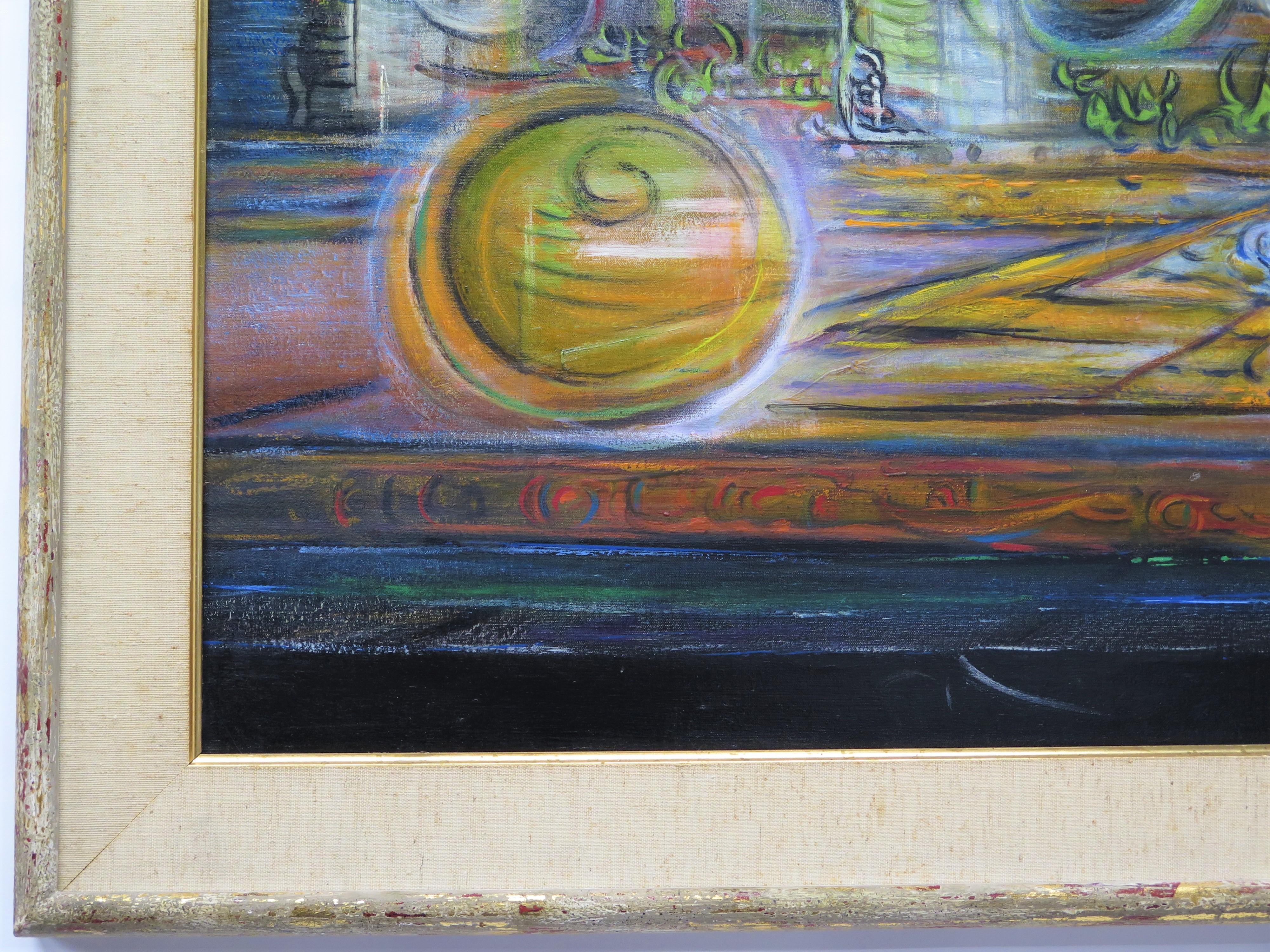 Peint à la main Paysages urbains 62, par le peintre surréaliste Roy Dimitri Parsons (américain, 1926-2007) en vente