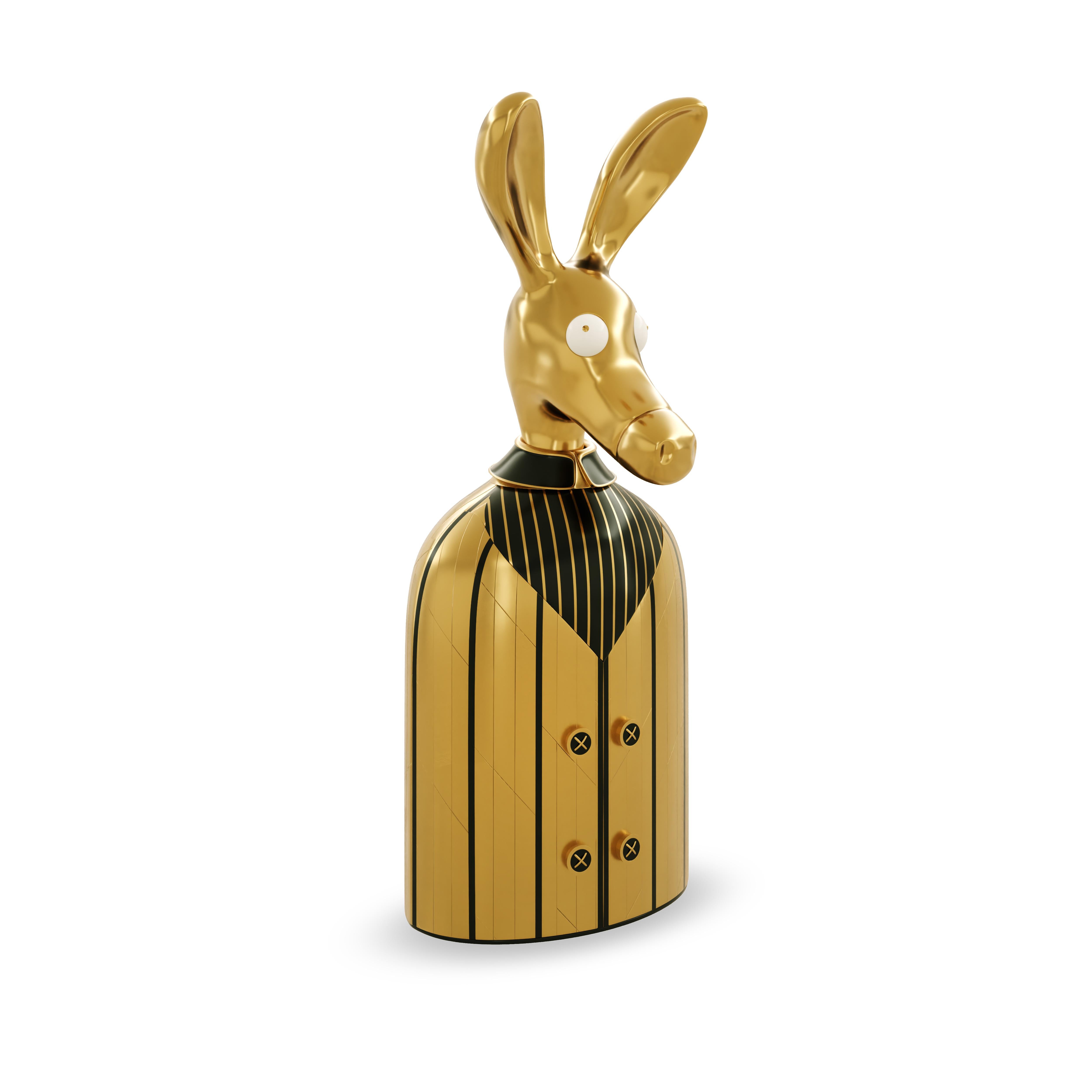 The Ciuco Black donkey bar storage cabinet with brass inlay by Matteo Cibic has a brass donkey head that sits atop a black resin lined brass shirt. The buttons are knobs to open the door, revealing a spacious cabinet within The cabinet has two doors