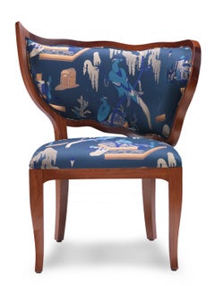 Pair of CIUFFO Dining chairs in solid wood and blue parrots upholstery