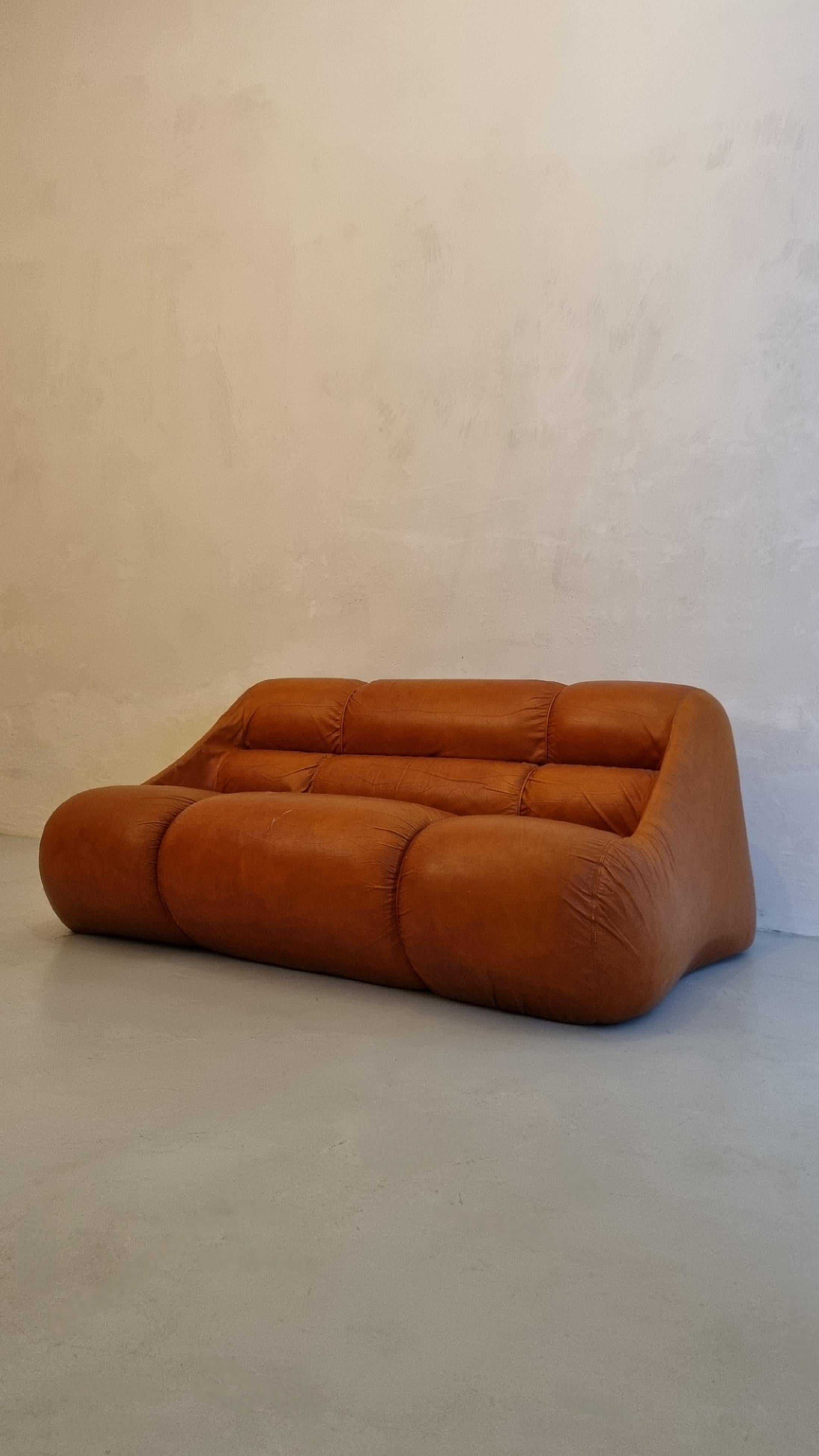 Ciuingam 2 seater sofa designed by the designer trio De Pas D' Urbino & Lomazzi for BBB Bonacina in 1967.
Foam rubber padding, original leather, plastic.
Good condition, the skin is slightly worn in the sitting.
Jonathan De Pas (Milan 1932 -