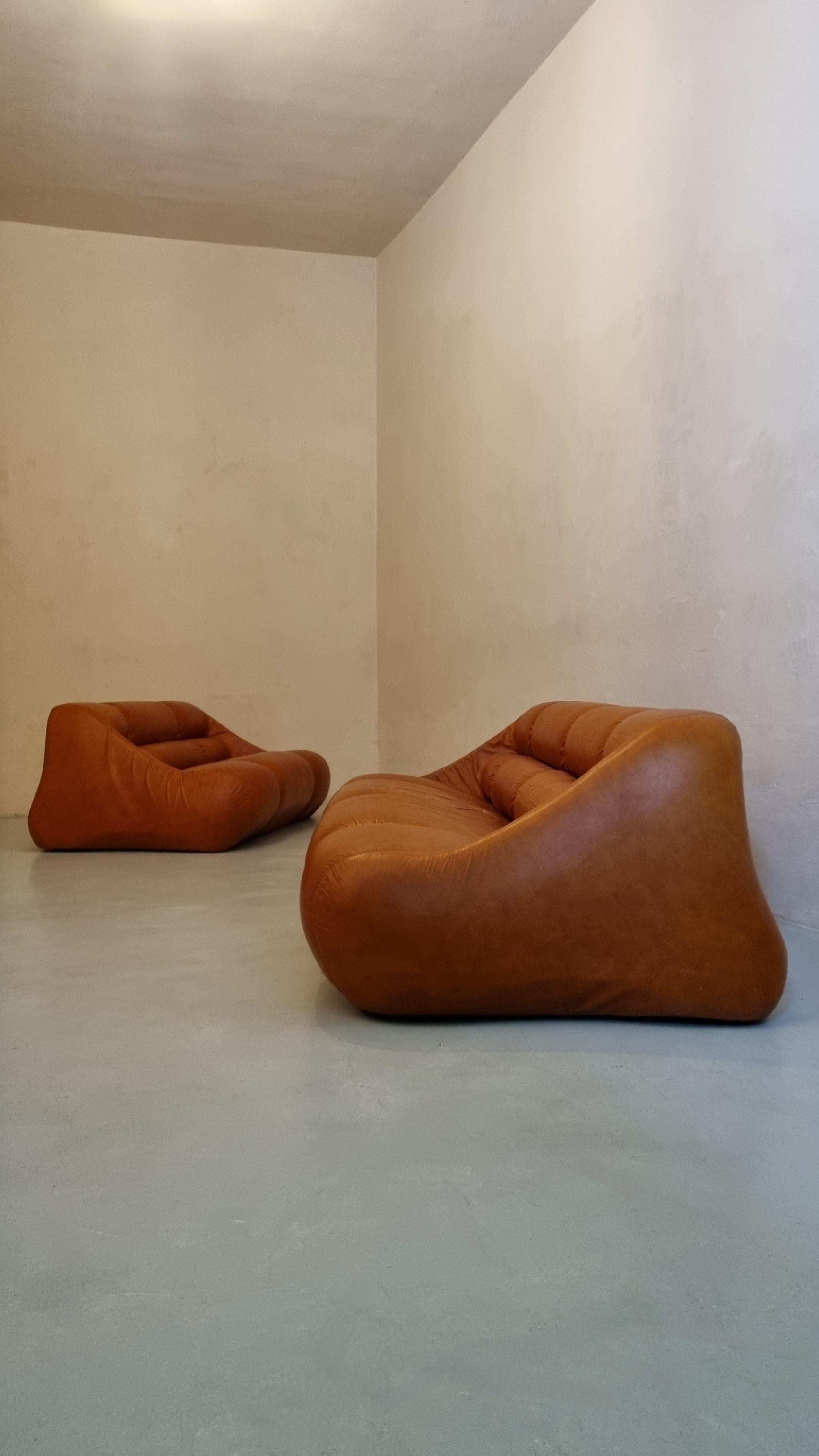 Canapés 3 + 2 places Trio conçus par le trio de designers De Pas D' Urbino & Lomazzi pour BBB Bonacina en 1967.
Padding en mousse de caoutchouc, cuir d'origine, plastique.
Bon état, la peau est légèrement usée au niveau de l'assise.
Jonathan De Pas