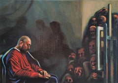 Surrender to Depression II - Peinture à l'huile figurative - Gris, gris, rouge, noir et pâle