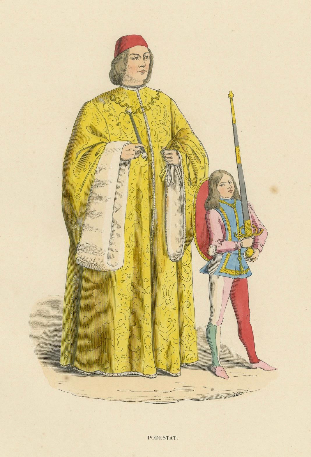 Civic Pride: A Podestà's Robe in 'Costume du Moyen Âge', Genuine Lithograph 1847 For Sale 1