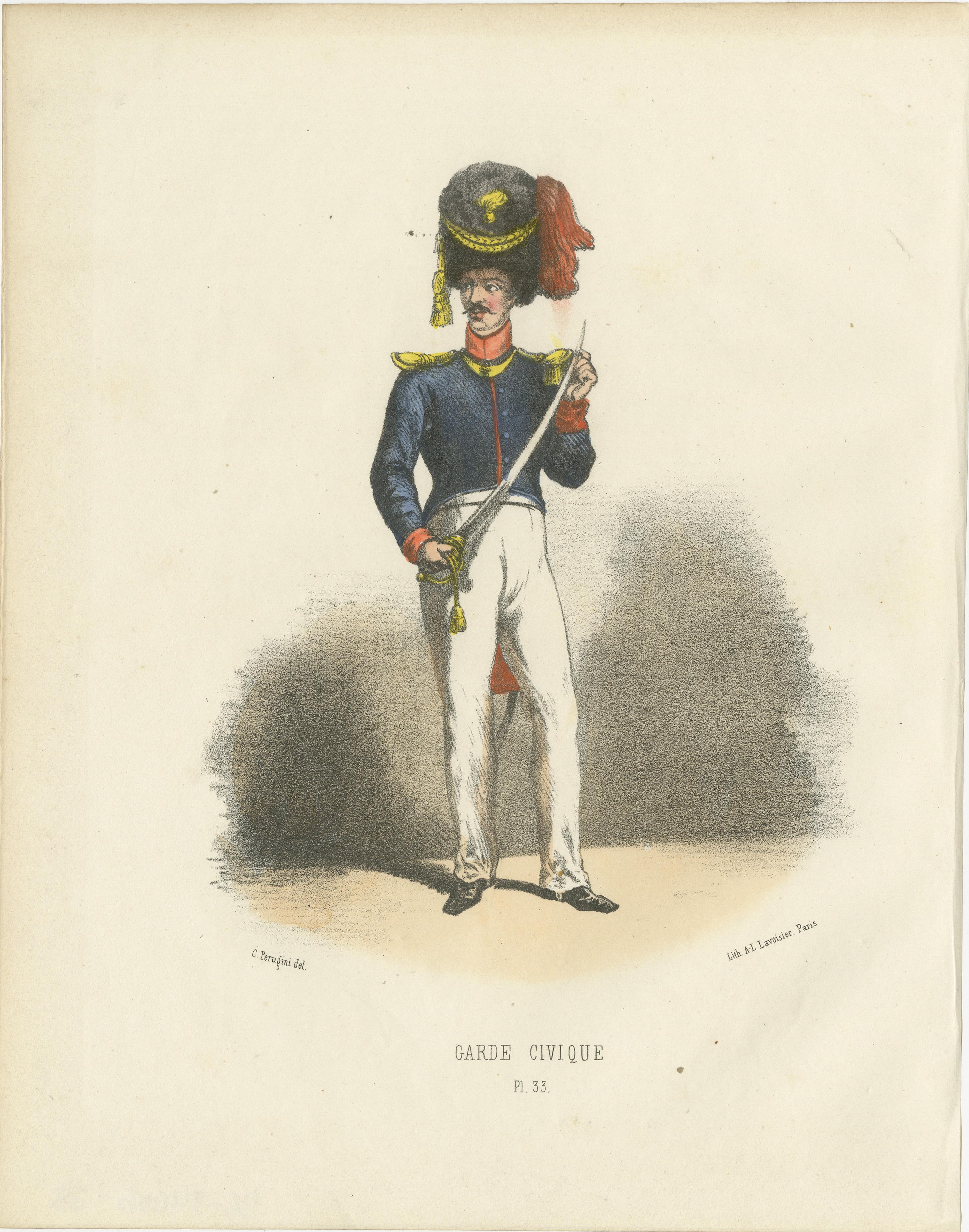 Bürgerlicher Stolz in Uniform: Handkolorierter Druck eines Offiziers der Garde Civique, Tafel 33, 1862  
  
Diese lebhafte handkolorierte Lithographie, Bürgerstolz in Uniform, ist Tafel 33 aus der zweiten Ausgabe von Album ou Collection Complète, et