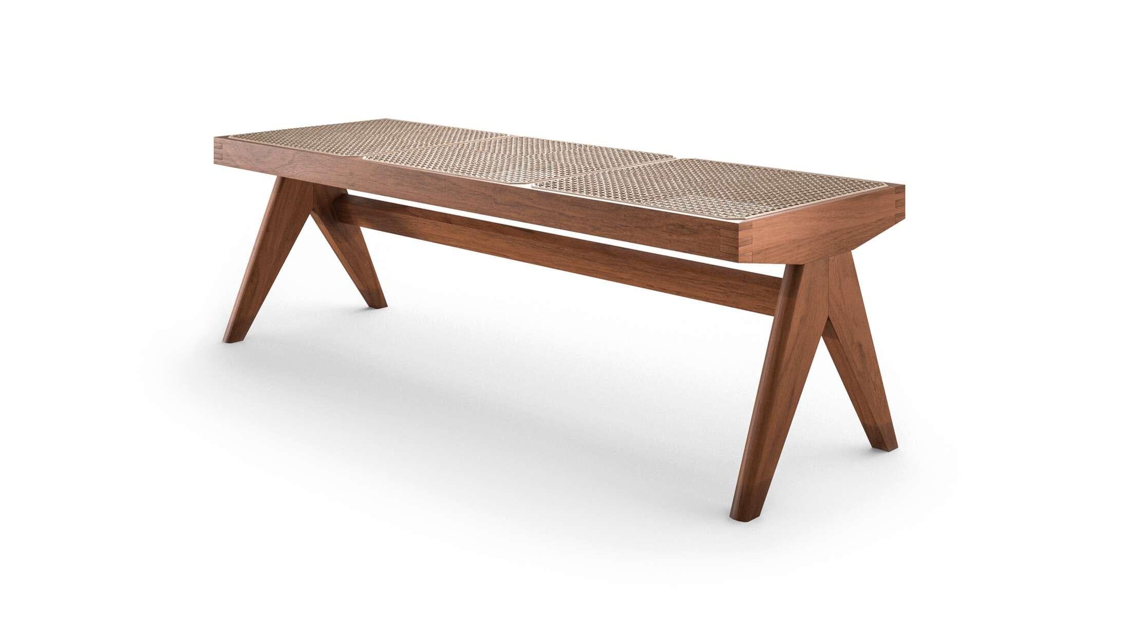 Civil bench 057 by Pierre Jeanneret for Cassina. Prices vary dependent on the chosen material. Available in teak, oak or black stained oak. 

Assembly, consists of three consecutive seat elements supported by a single frontal crossbar and two side