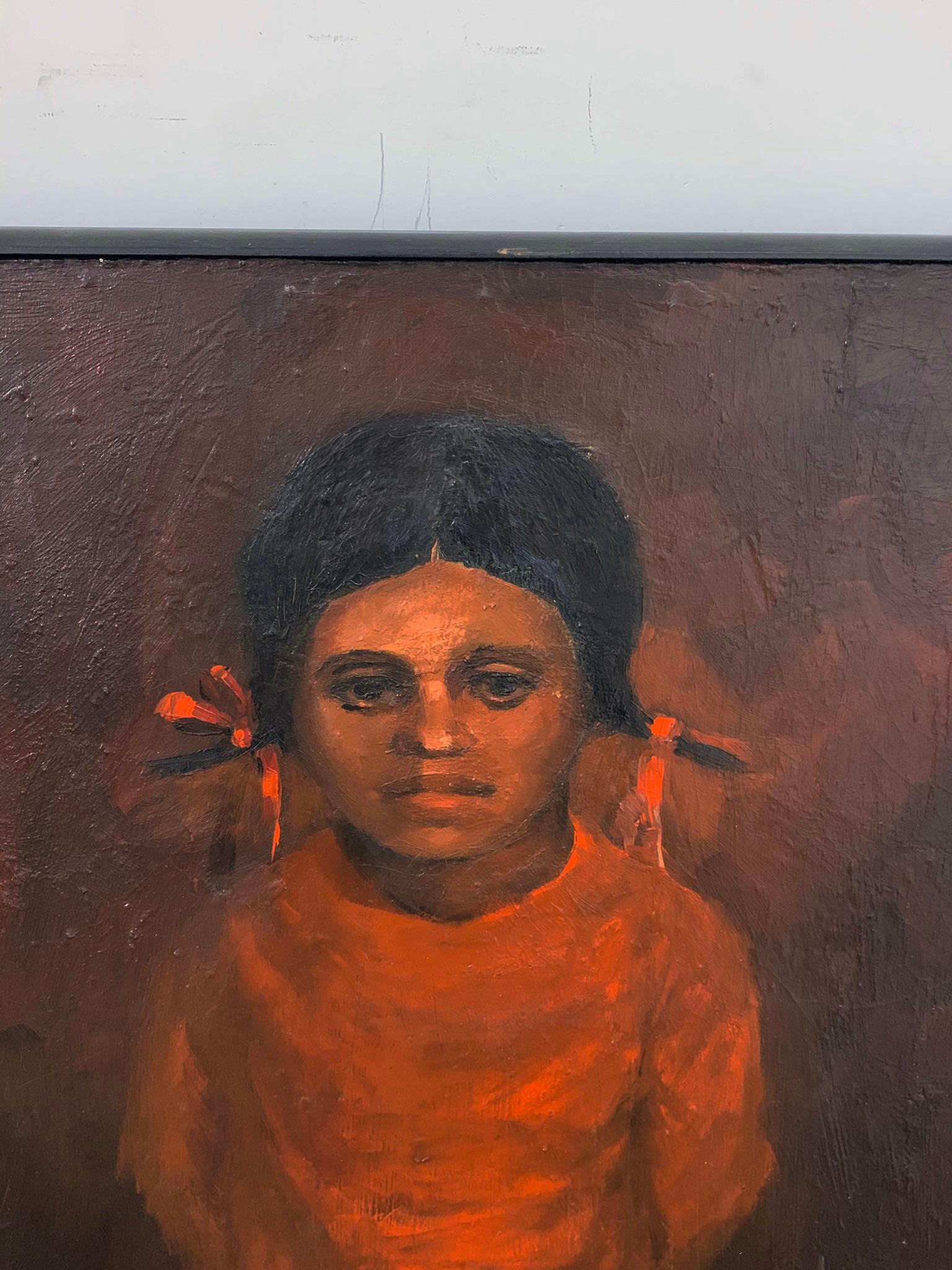 Civil rights era painting of a young girl signed Barbara Chandler, dated 1966 and titled “homo homini lupus”, a saying that refers to the concept that mankind is cruel and inhuman unto others.