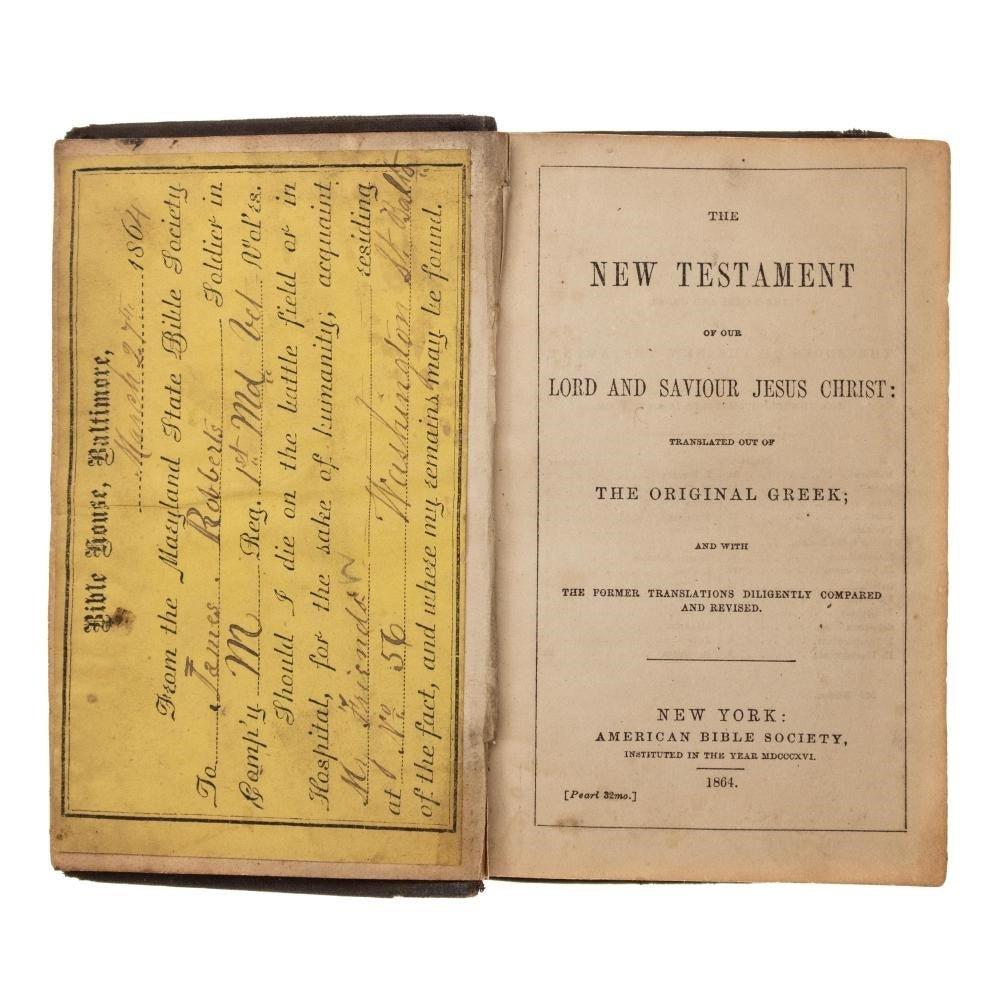 Bible de la guerre civile, présentée à James Robberts, de 1st Maryland Vol. Groupe, 1864 en vente 3