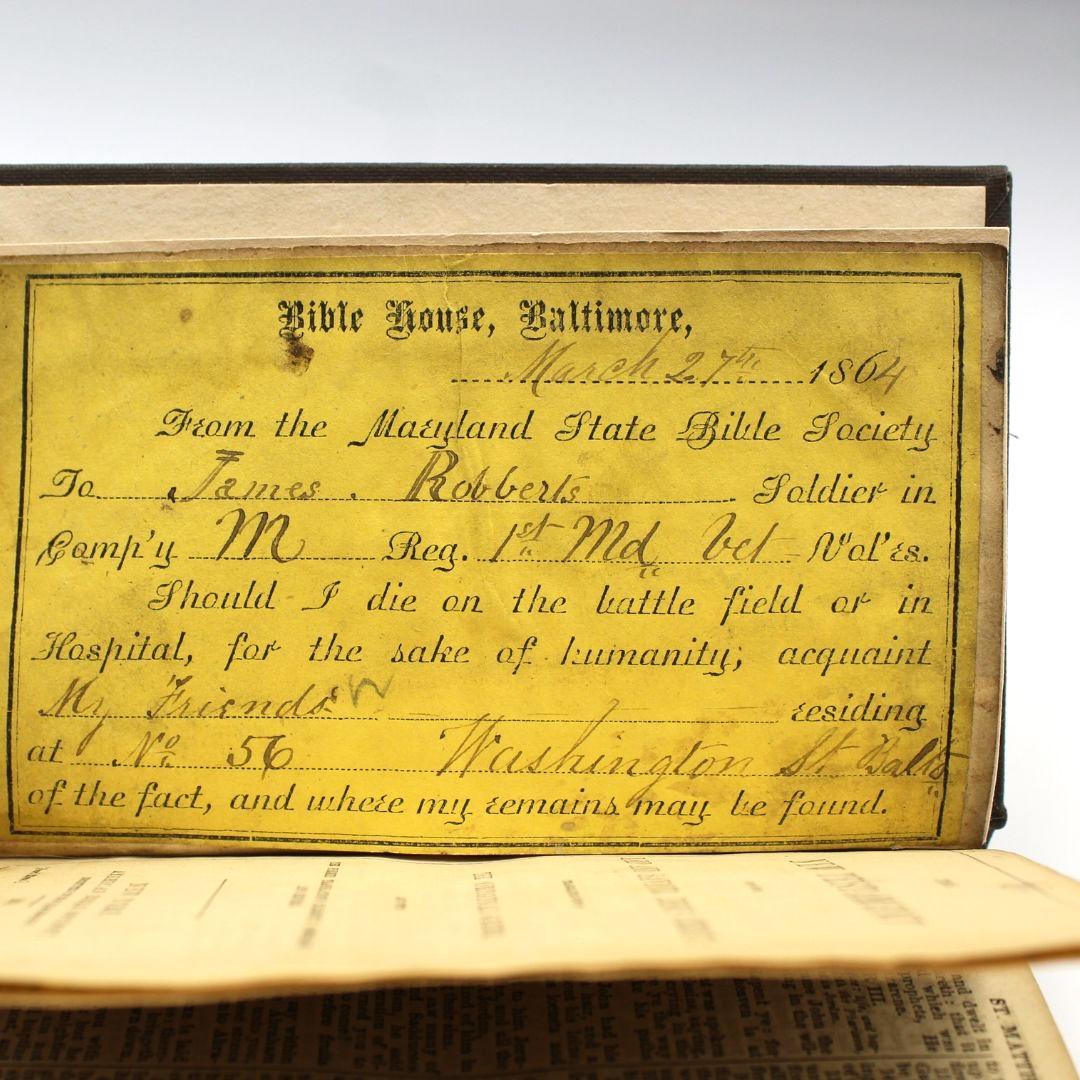 Bible de la guerre civile, présentée à James Robberts, de 1st Maryland Vol. Groupe, 1864 en vente 4