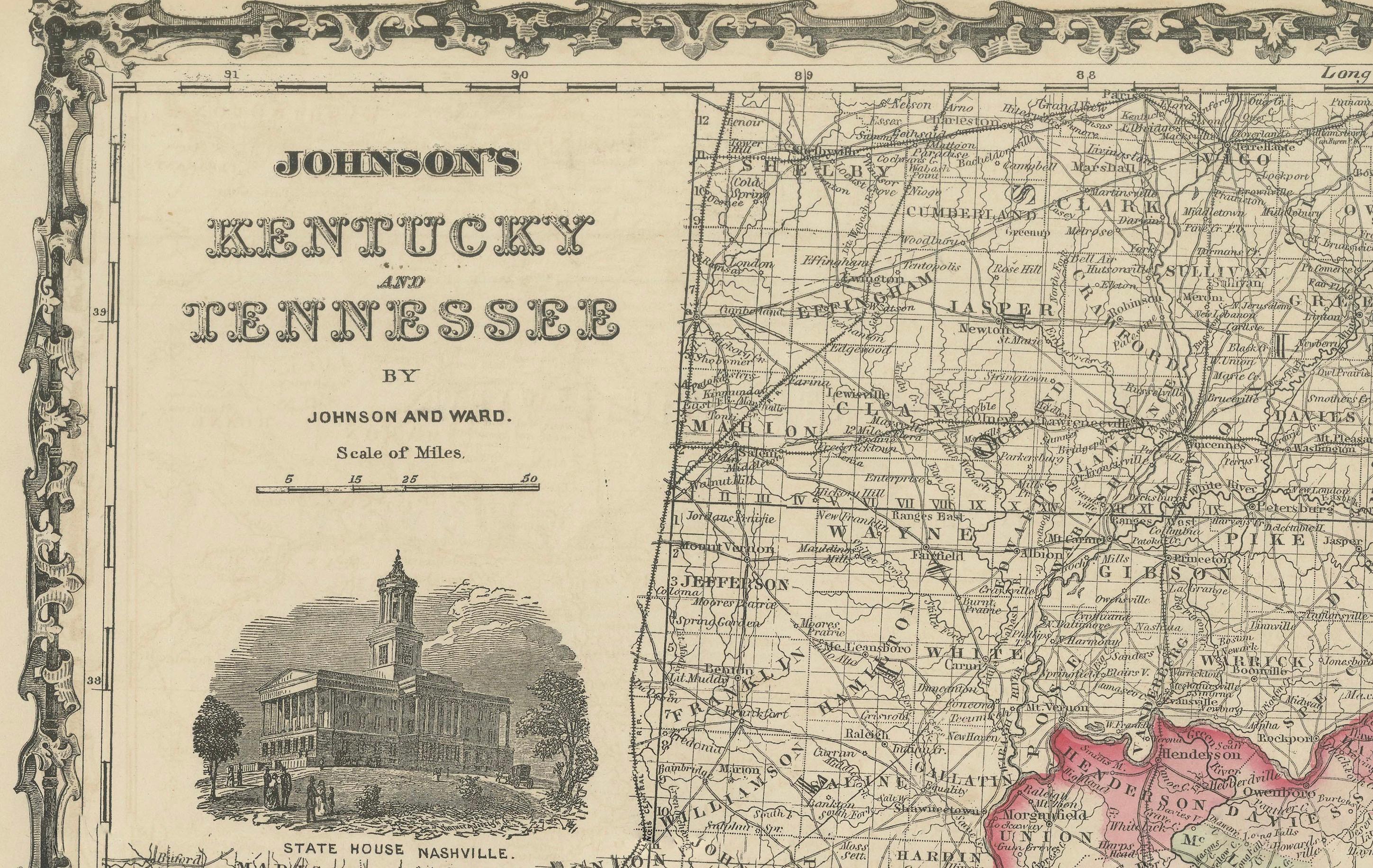 Mapa de Kentucky y Tennessee de la época de la Guerra Civil con inserciones panorámicas, publicado en 1864 en venta 2