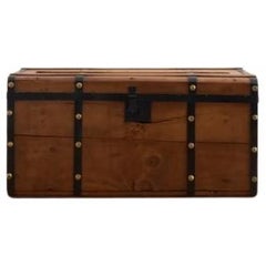 Antique Civil War Era Wood Trunk in Black Steel Bands with Brass Buttons