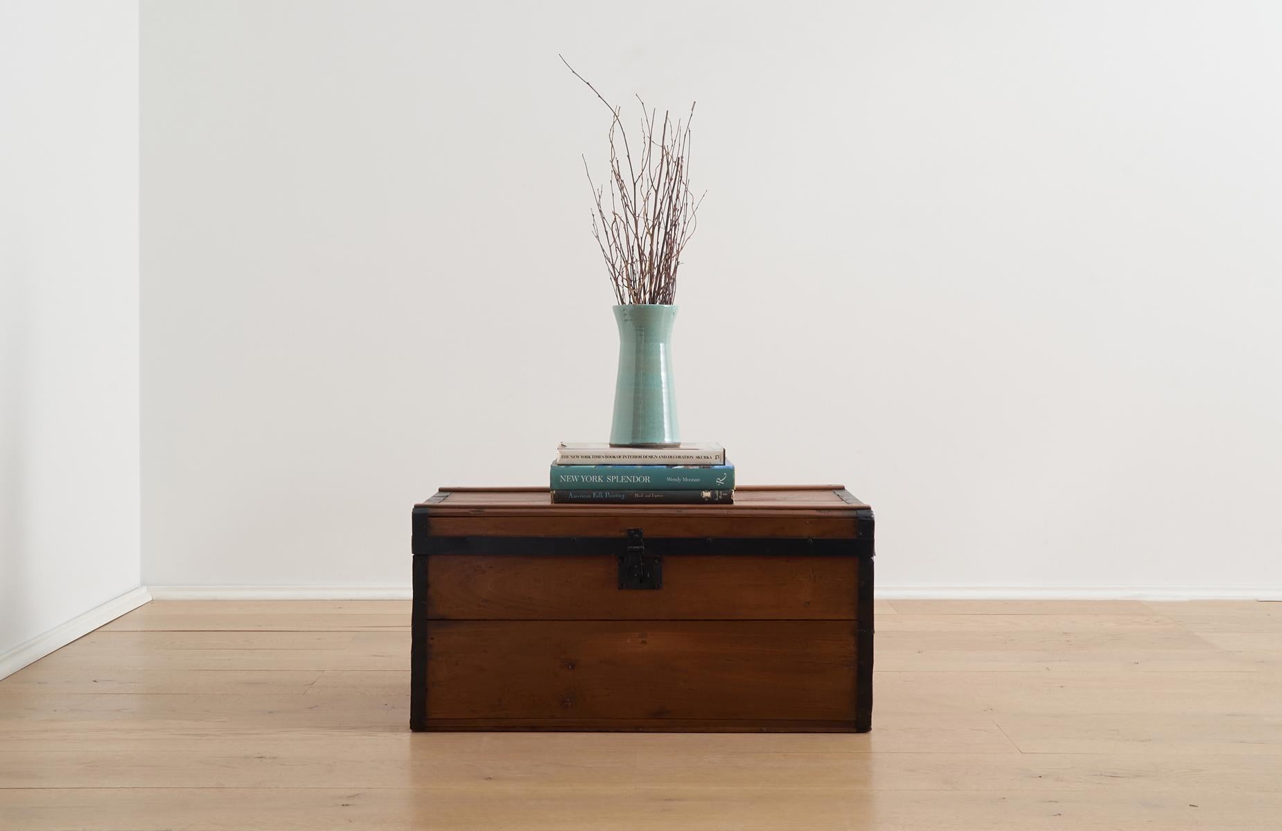 19th Century Civil War Era Wood Trunk in Hardwood Slats