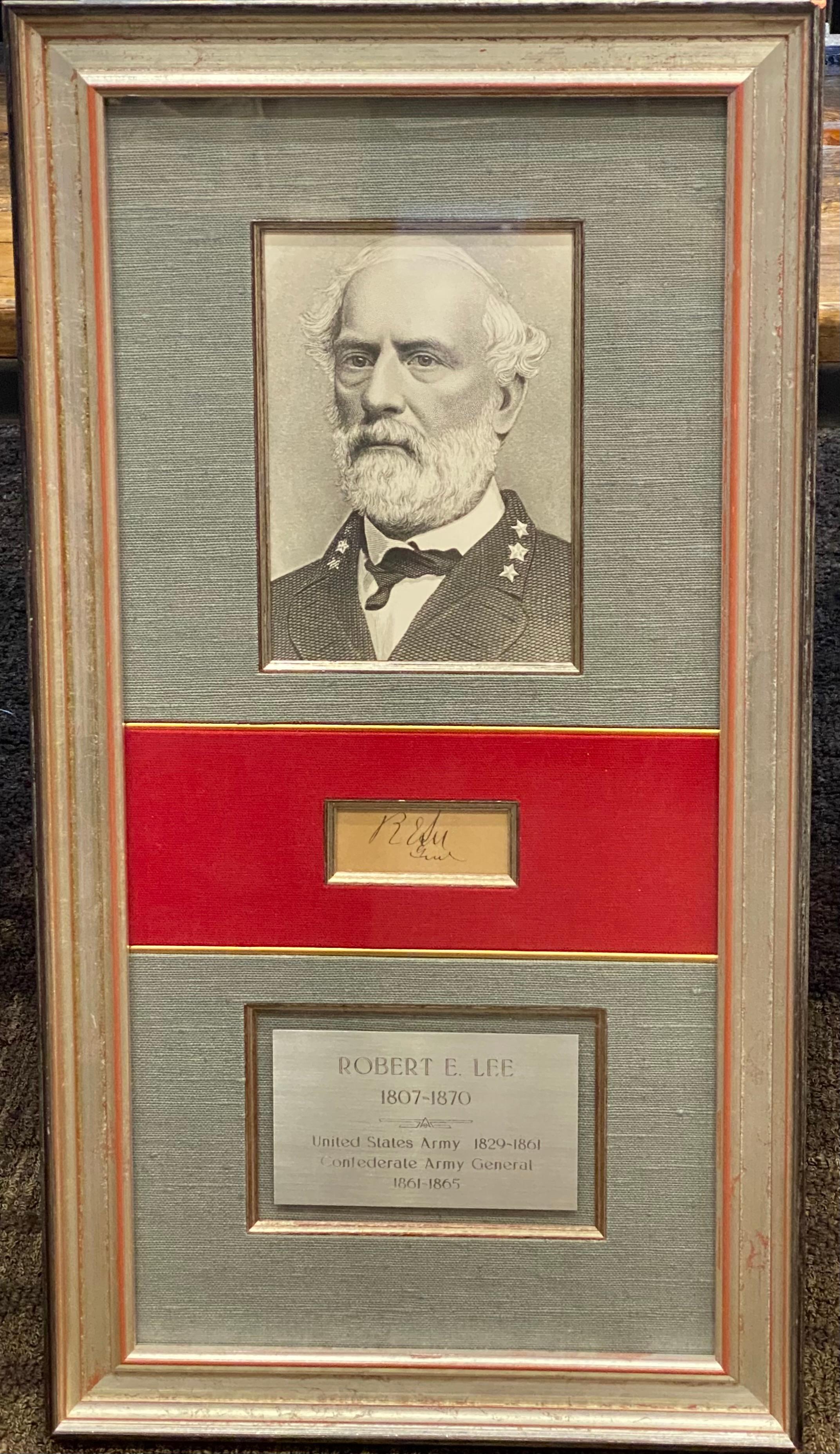 Presented is a rare autographed collage celebrating Confederate Army General Robert E. Lee. The collage features Lee's autograph at center. Boldly signed on tan paper, the signature reads, “R.E. Lee Genl.”

This is a rare and desirable large