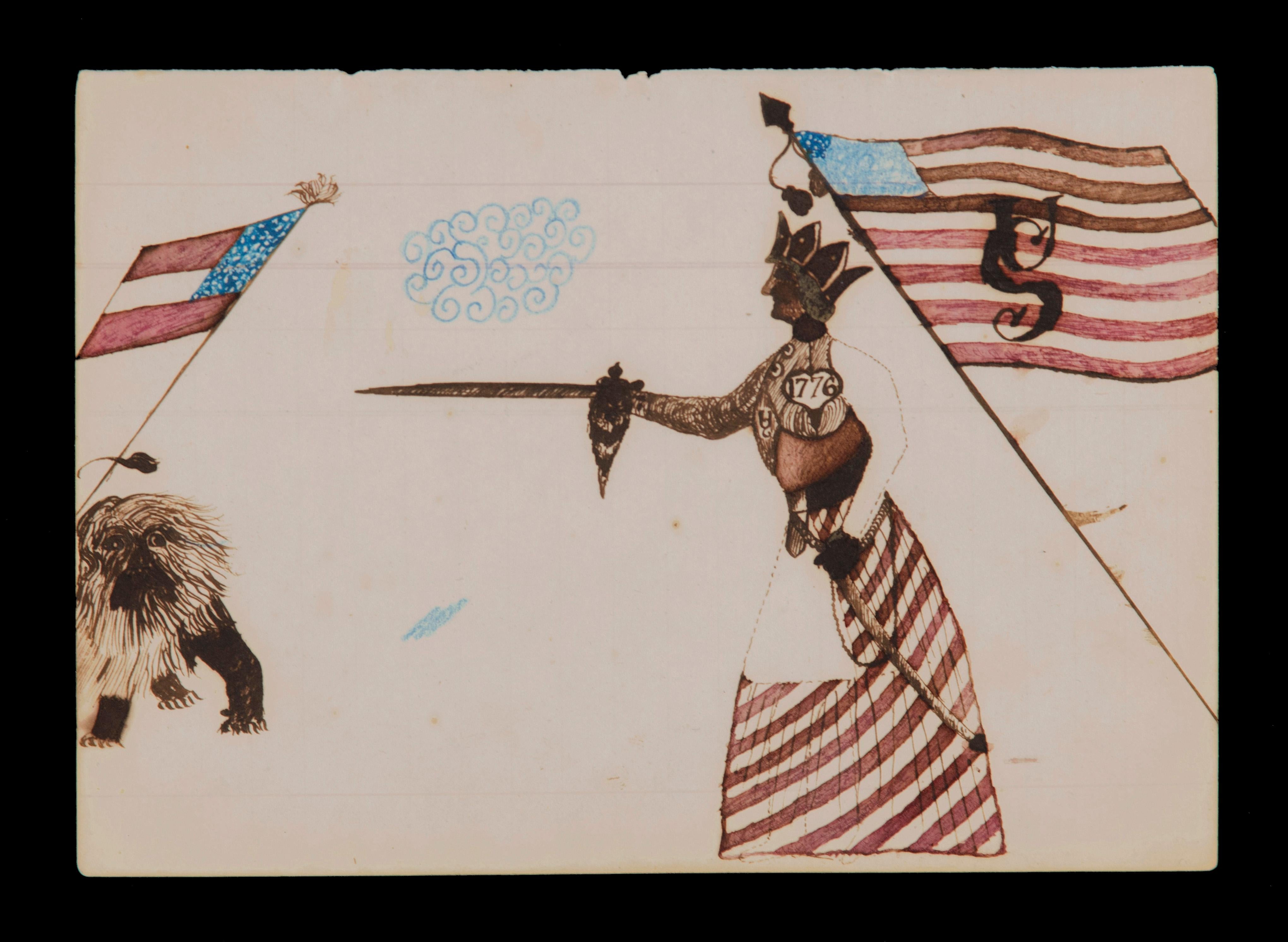 Civil War period watercolor depicting lady liberty directing her sword at the confederacy in the form of the British lion, circa 1861-1865.

This excellent, American, folk art watercolor drawing illustrates Lady Columbia, donning a many-pointed