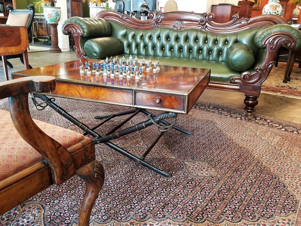 Civil War Themed Mahogany Games Table with Sword Legs In Excellent Condition In Dallas, TX