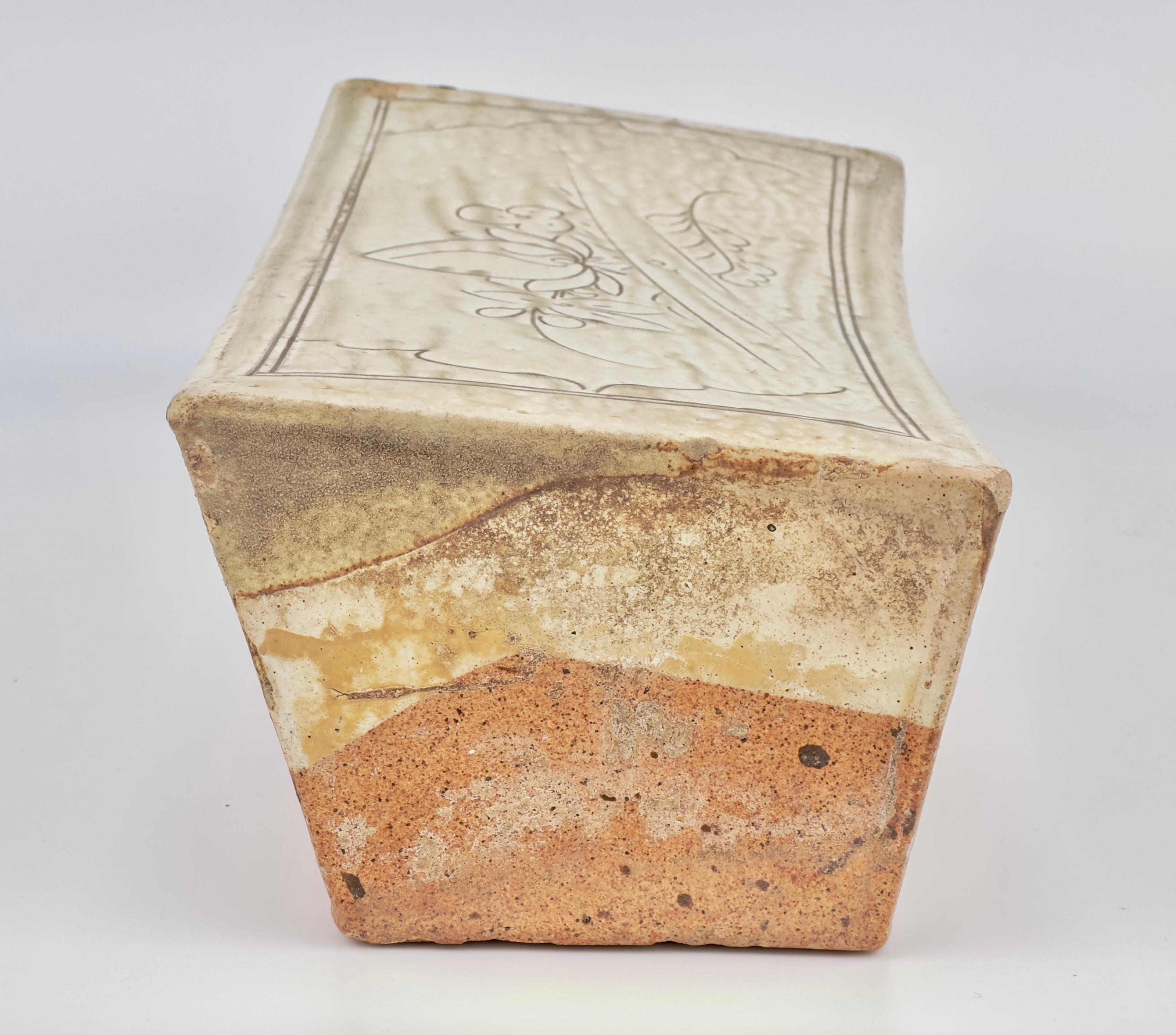 Pottery Cizhou Rectangular Pillow with Carved Decoration, Yuan Dynasty For Sale