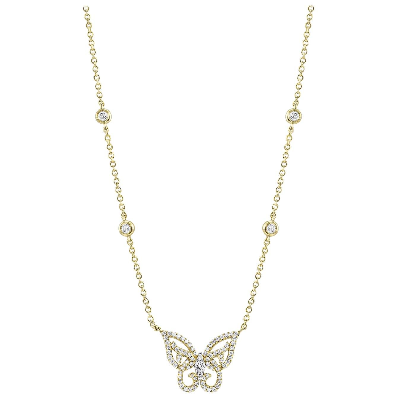CJ Charles 18 Karat Yellow Gold Diamond Butterfly Necklace For Sale