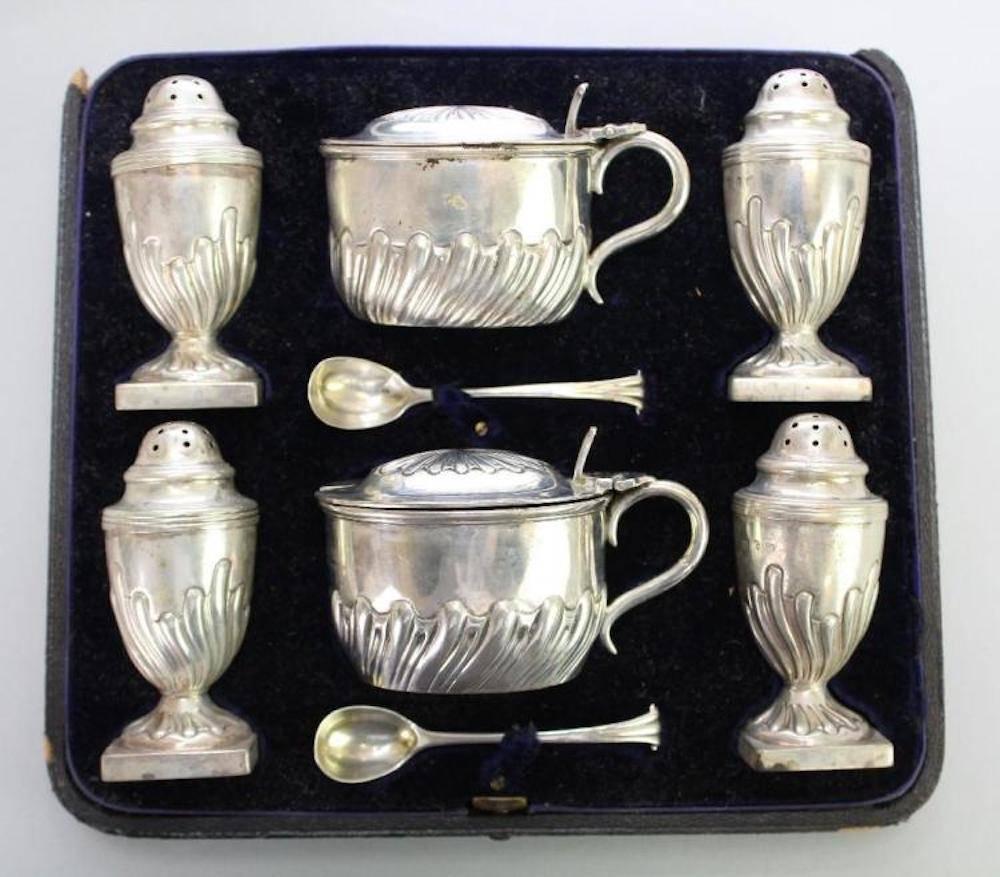 1891/2 George Unite of Birmingham salt and peppers. Master Salt by Henry Stafford of Sheffield dating 1888. Other is unknown maker London 1893. Spoon maker unknown London 1888. Other spoon unknown maker, unregistered London 1893. Case 2.25