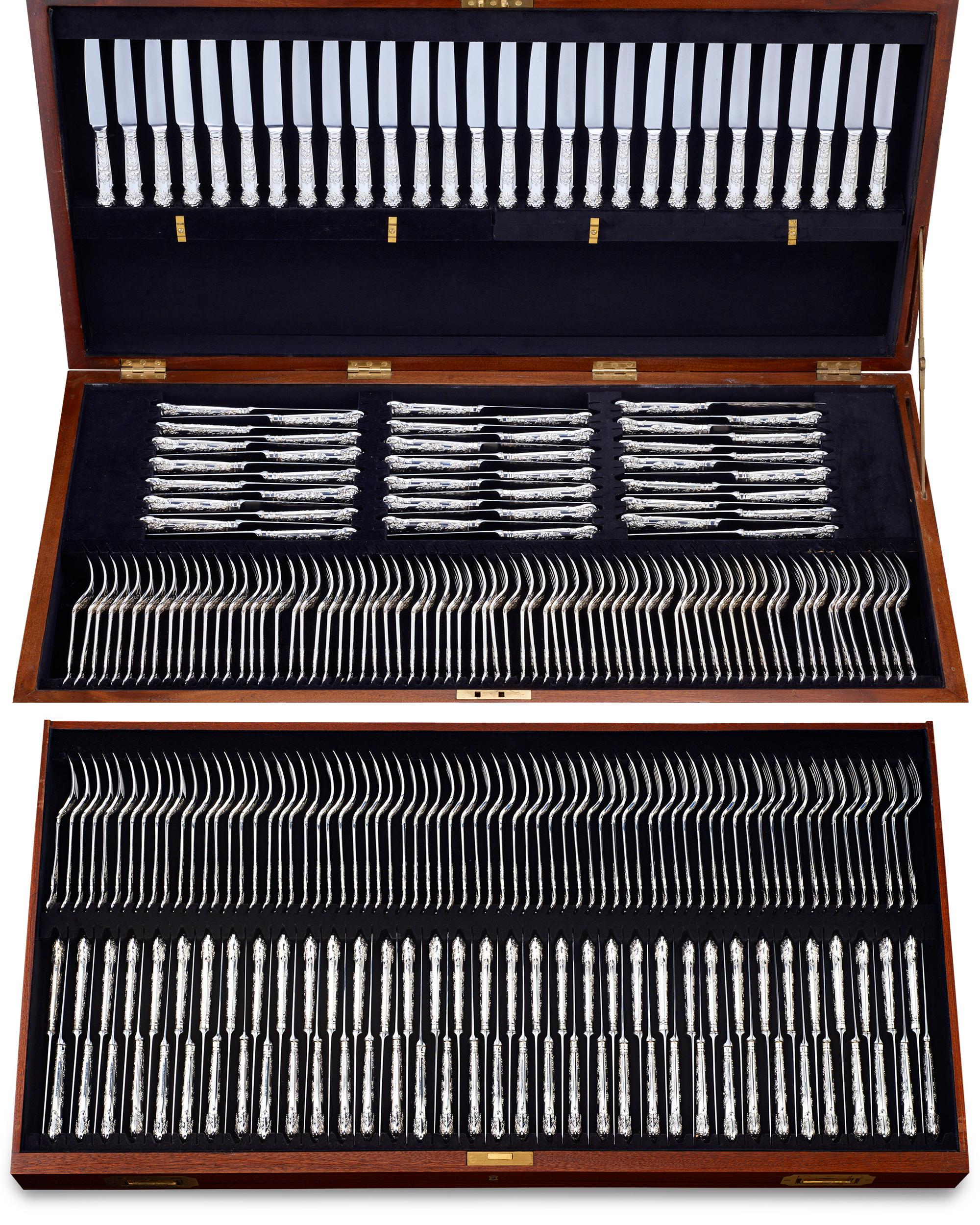 Pristine and immense in its breadth, this 994-piece silver set, created by the renowned C.J. Vander of London, is in a class of its own. When silver was the coinage of Great Britain, silver flatware sets became affirmations of economic prosperity