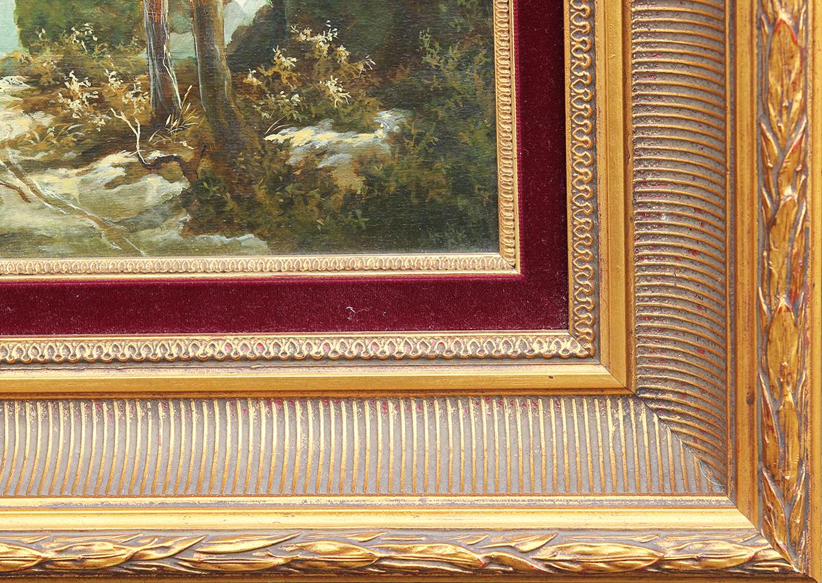 Peinture de paysage pittoresque en forêt hollandaise de style romantique naturaliste et sublime de l'artiste Cja. V. Dijk. L'œuvre présente un arbore détaillé d'arbres avec un léger bâtiment au loin. Signé et daté le long de la marge inférieure