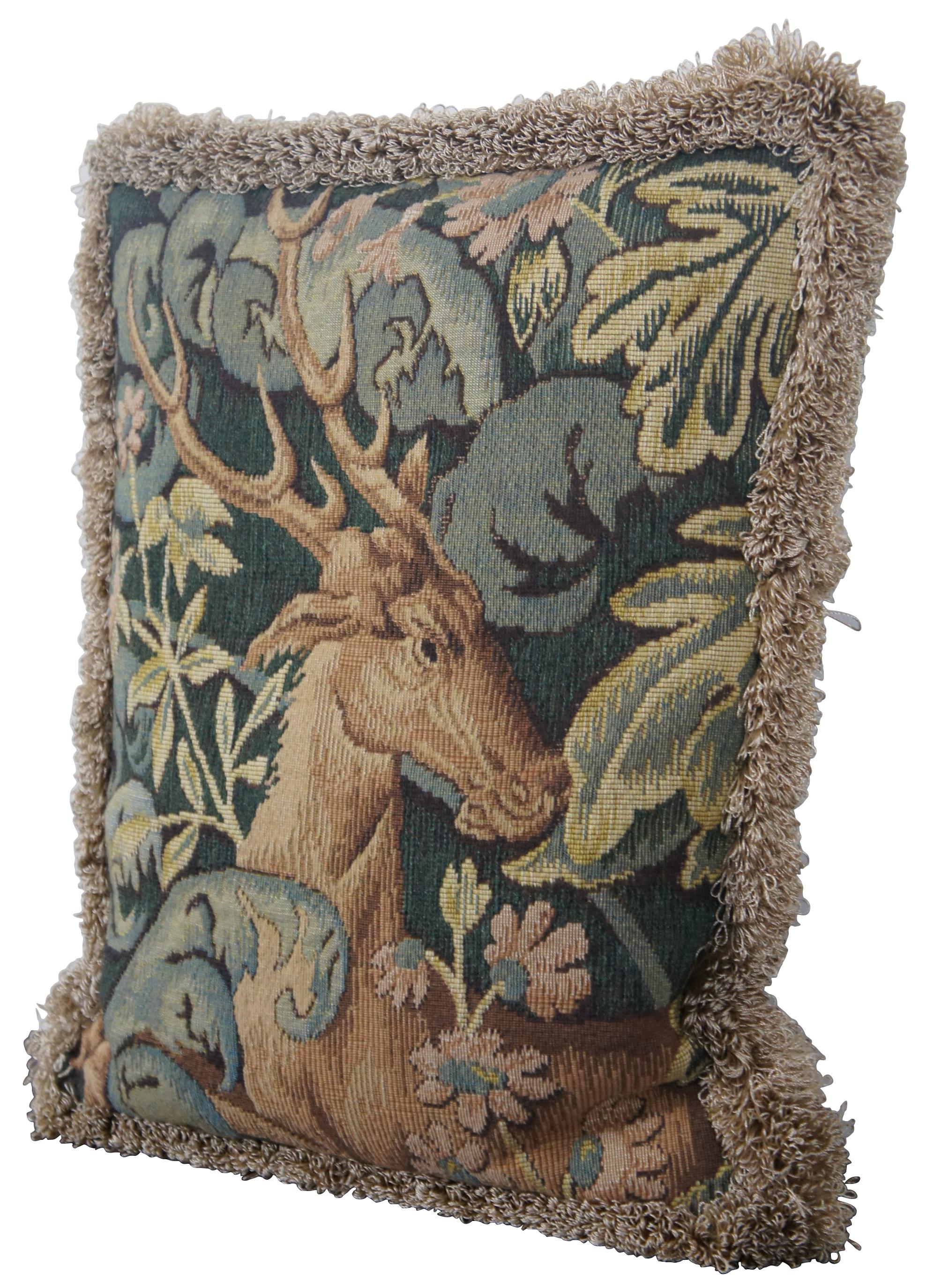 Medieval style, down filled, embroidered throw pillow with velour back and gold fringe, featuring a stag lying in a thicket of leaves, made in France for CJC of St Simons Island, GA.
  