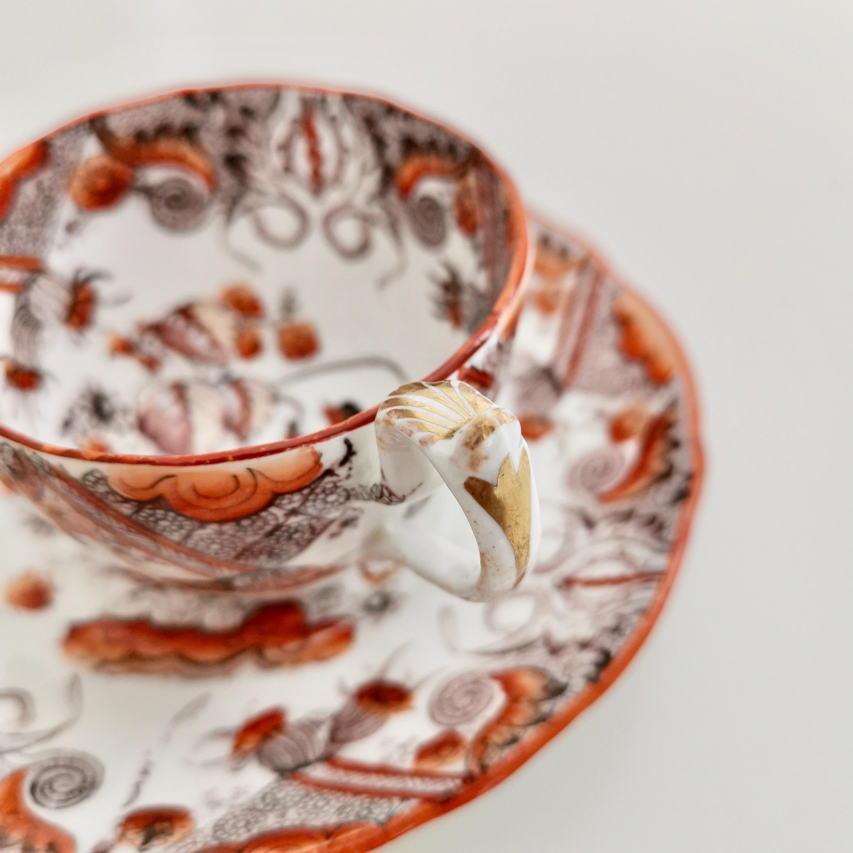 Tasse à café en porcelaine C.J.Mason, Chinoiserie Oiseaux Rouges et Dorés, vers 1830 en vente 3