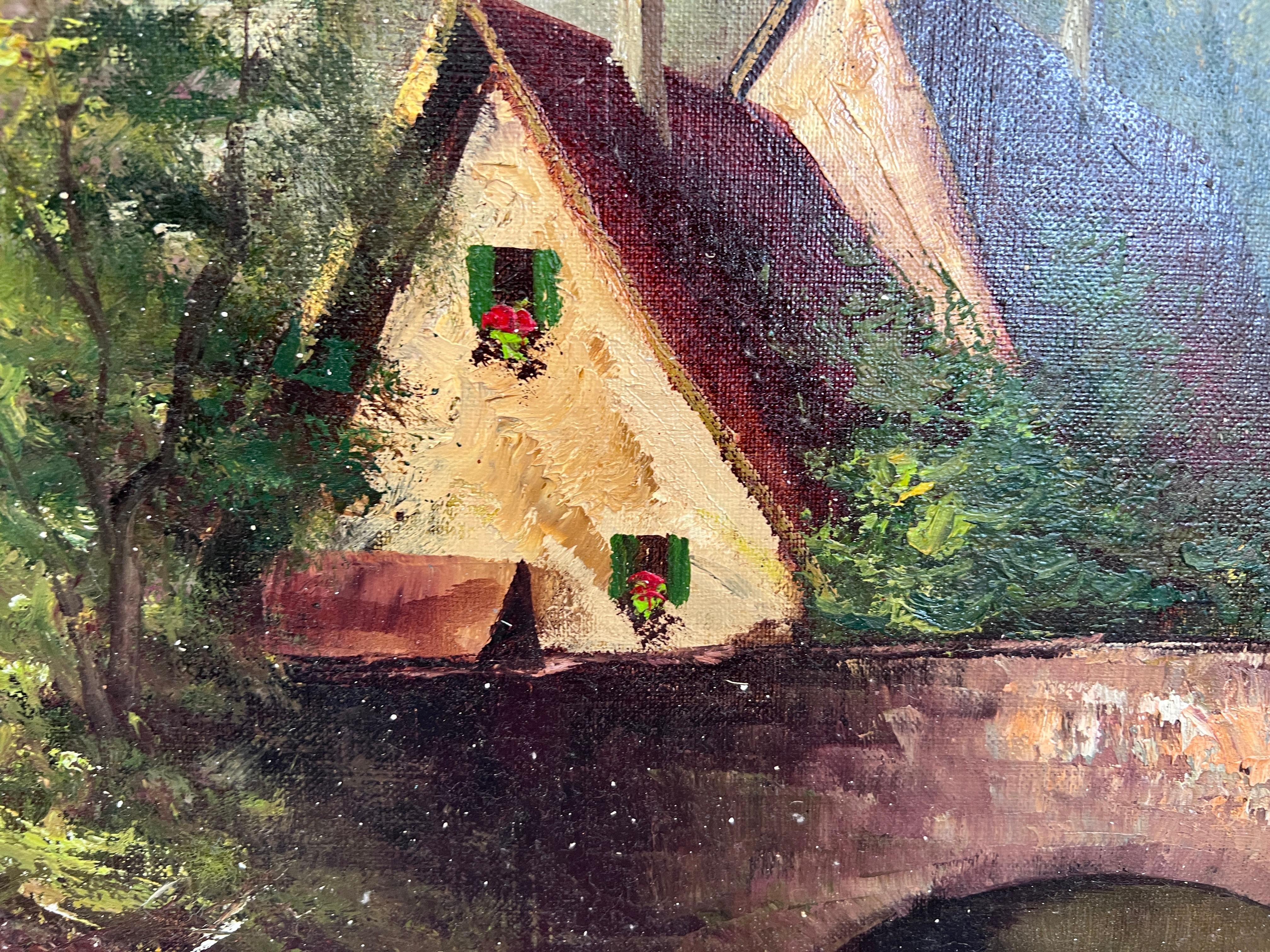 C. Kern (allemand) Grande peinture à l'huile/toile Paysage Pont Arbres Eglise Encadré en vente 5