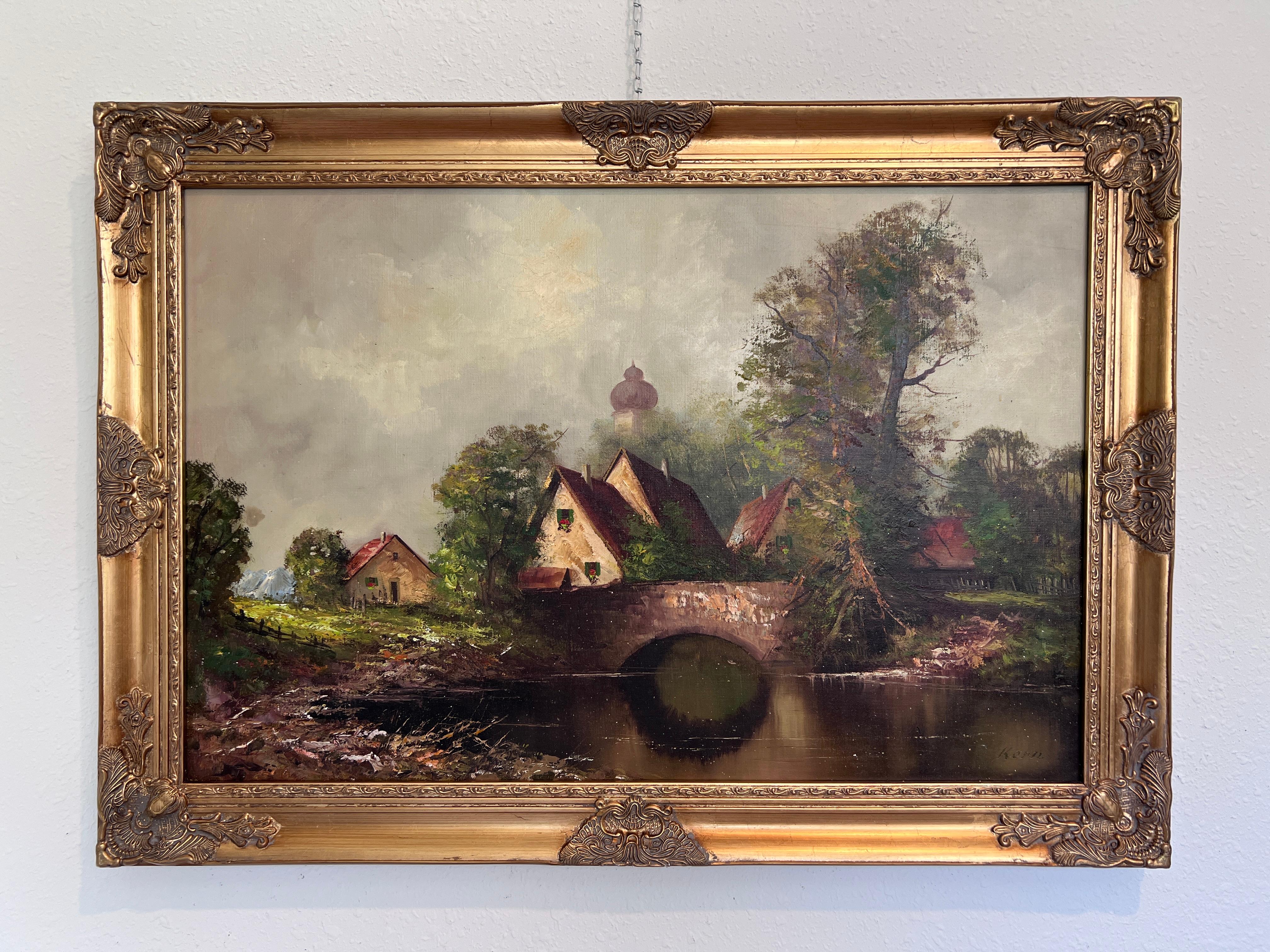 C. Kern (allemand) Grande peinture à l'huile/toile Paysage Pont Arbres Eglise Encadré - Painting de C.Kern