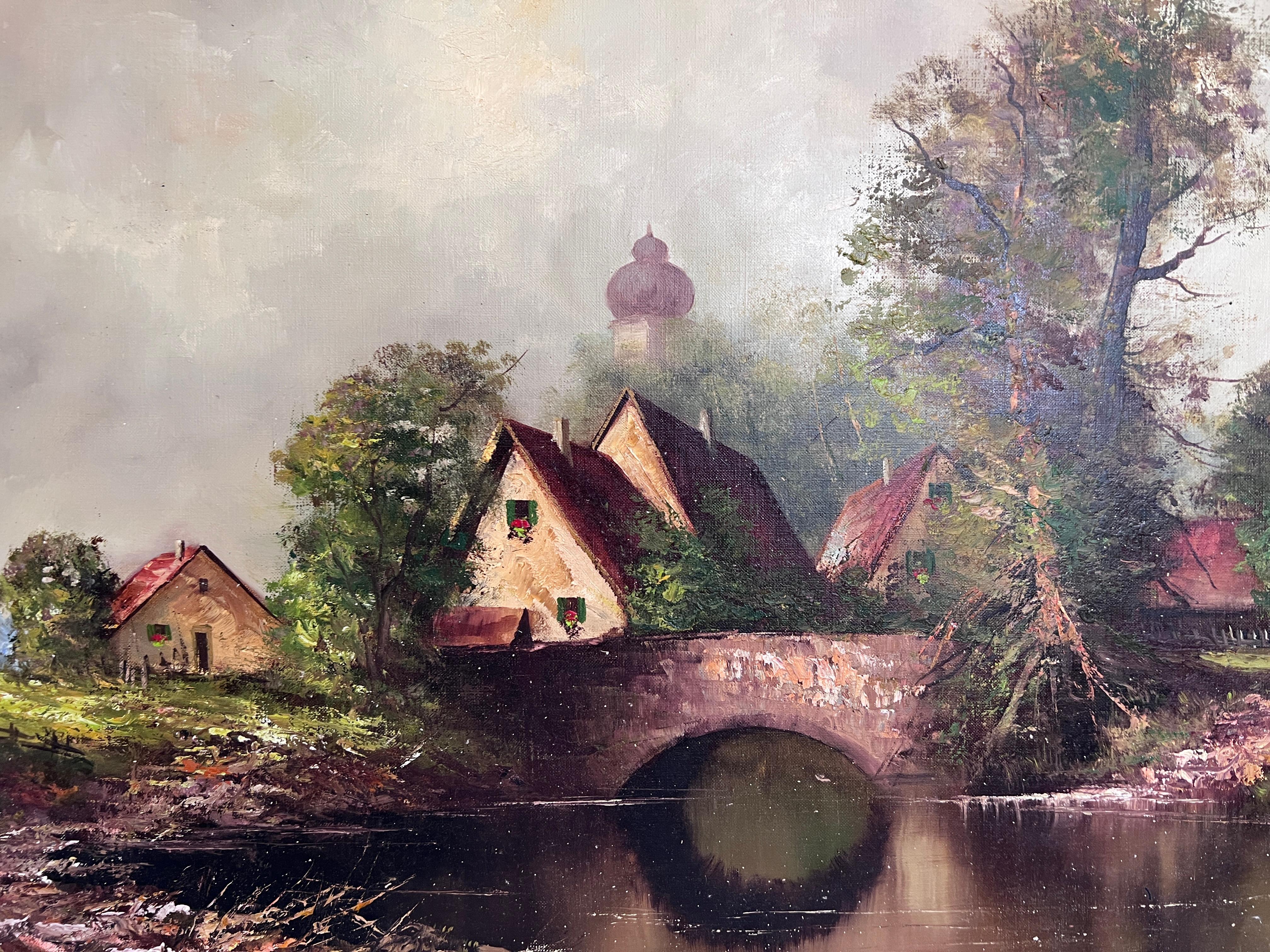 C. Kern (allemand) Grande peinture à l'huile/toile Paysage Pont Arbres Eglise Encadré - Impressionnisme Painting par C.Kern