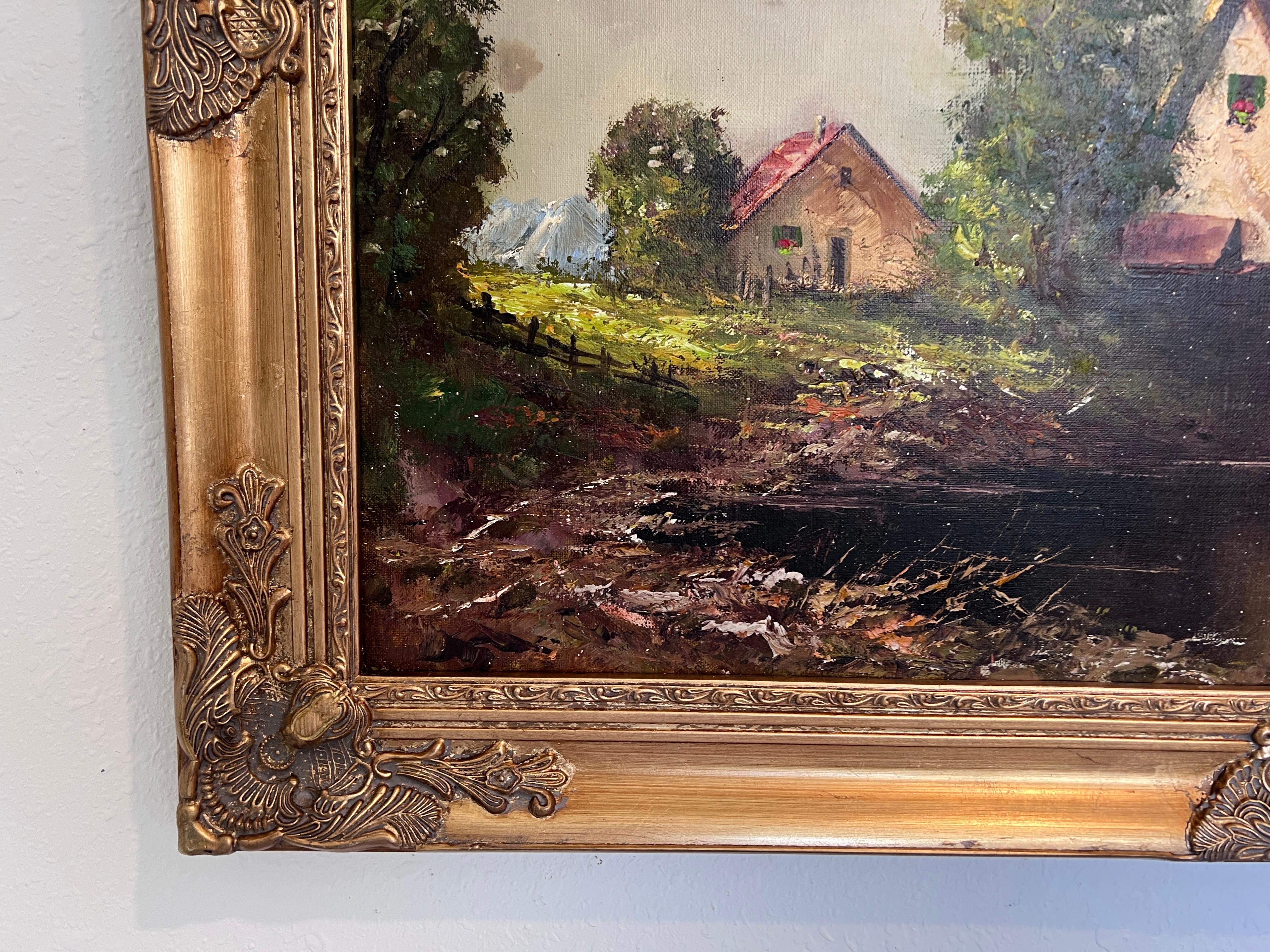 C. Kern (allemand) Grande peinture à l'huile/toile Paysage Pont Arbres Eglise Encadré - Marron Landscape Painting par C.Kern
