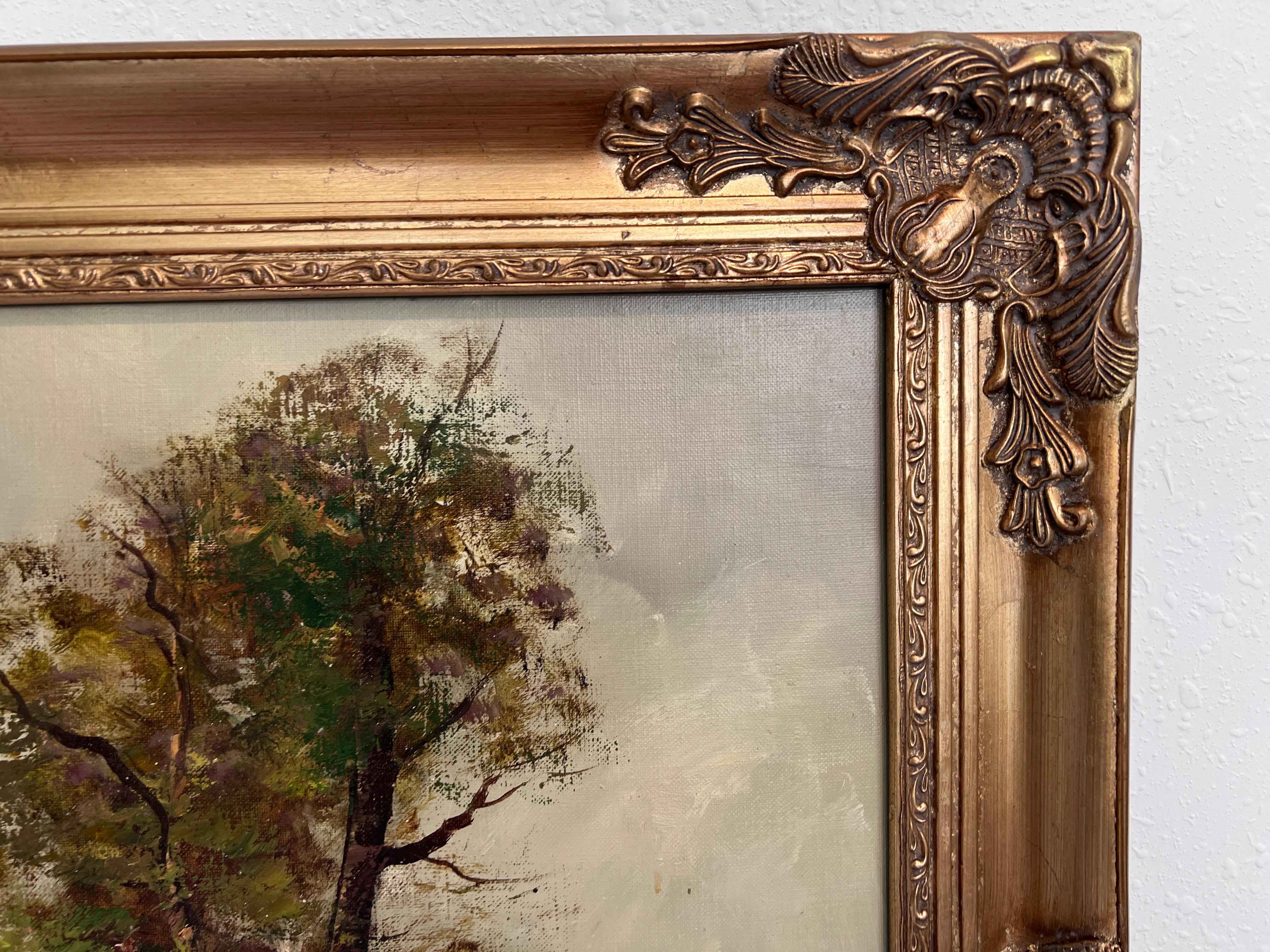 C. Kern (allemand) Grande peinture à l'huile/toile Paysage Pont Arbres Eglise Encadré en vente 1
