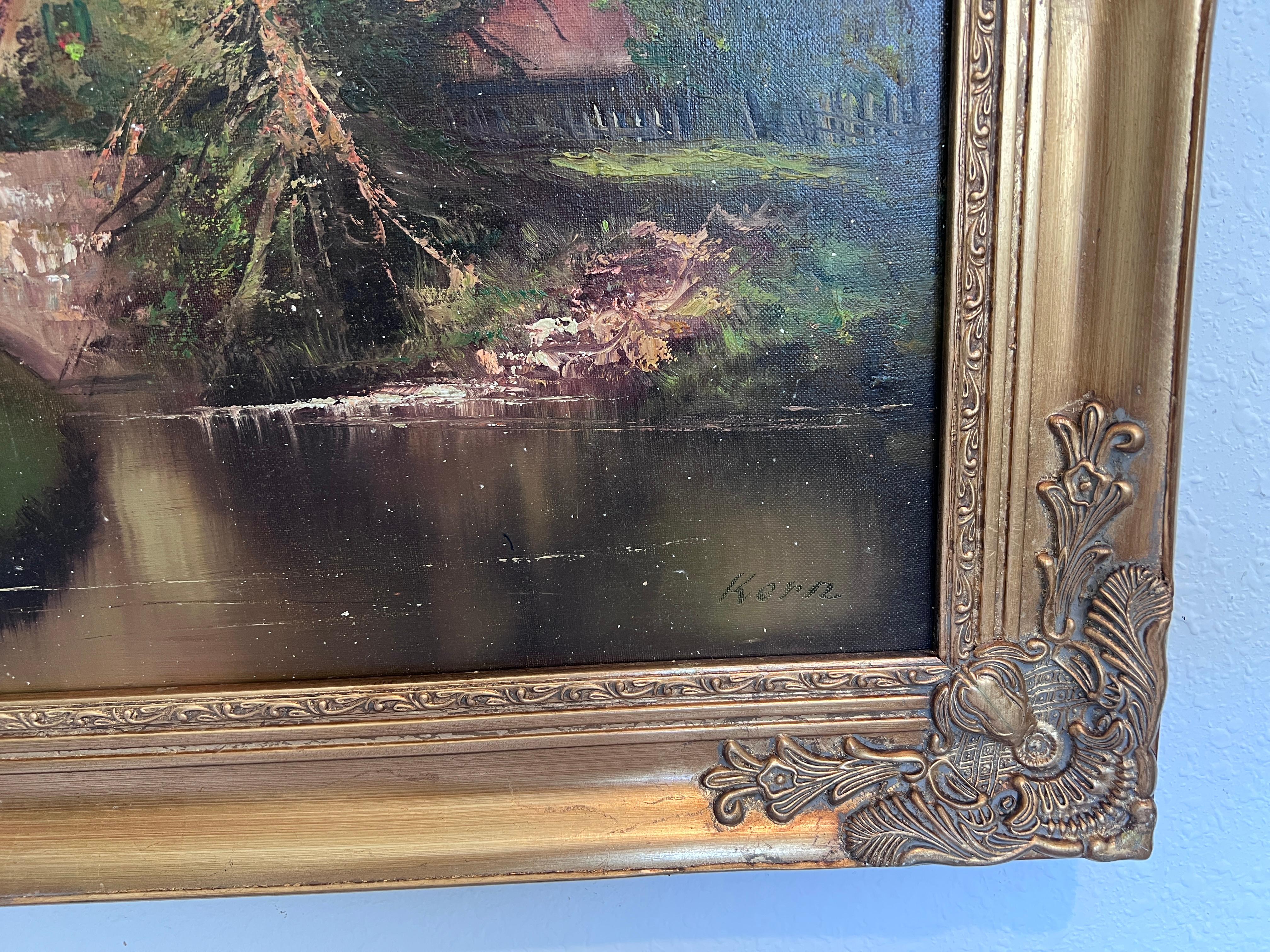 C. Kern (allemand) Grande peinture à l'huile/toile Paysage Pont Arbres Eglise Encadré en vente 2