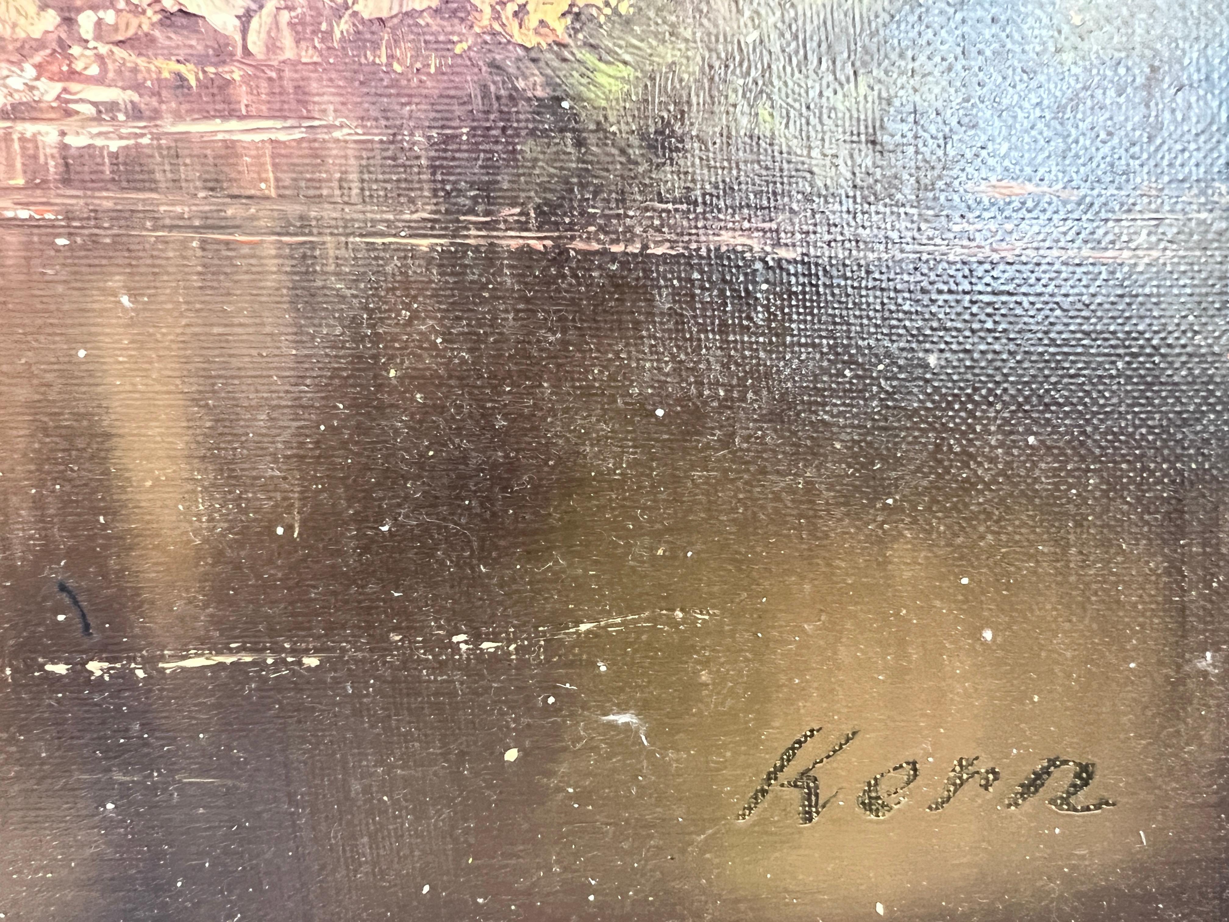 C. Kern (allemand) Grande peinture à l'huile/toile Paysage Pont Arbres Eglise Encadré en vente 3