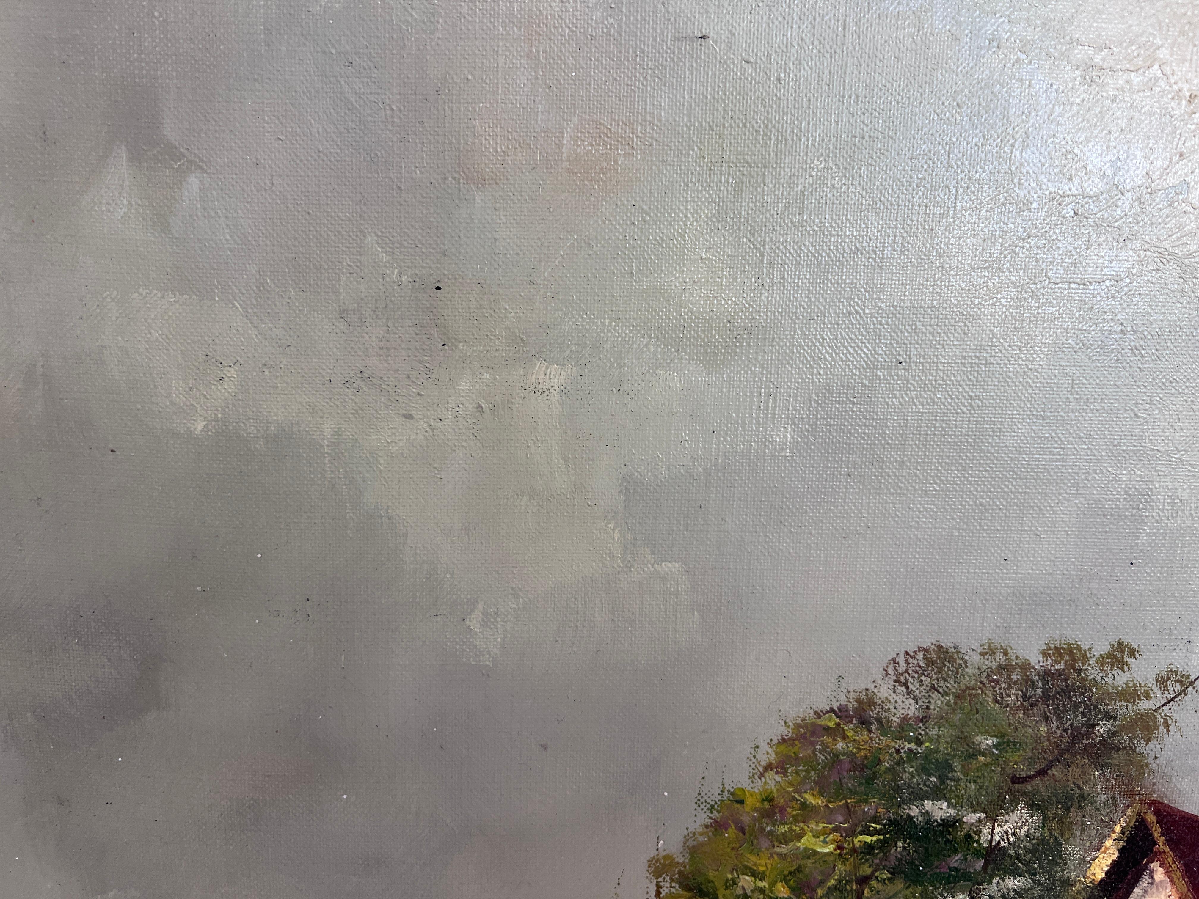 C. Kern (allemand) Grande peinture à l'huile/toile Paysage Pont Arbres Eglise Encadré en vente 4