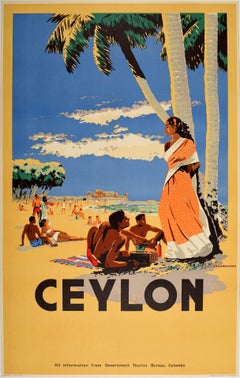 Affiche vintage originale de plage de Ceylan, pique-nique au Sri Lanka, Asie, vacances, art de voyage
