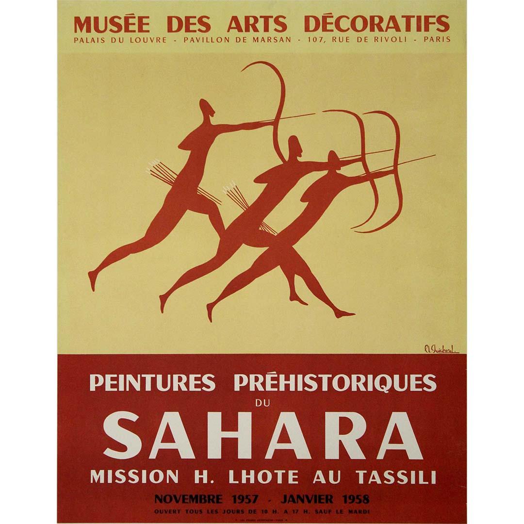Das Original-Ausstellungsplakat von 1957 von Cl. Guichard zeigt mit "Peintures Préhistoriques du Sahara" die alte Kunst und Kultur der Wüste Sahara. Dieses Plakat wurde zur Förderung der Ausstellung im Musée des arts décoratifs - Palais du Louvre