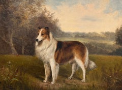 Fine English Dog Painting Collie Sheepdog Standing in Landscape Signed Original
