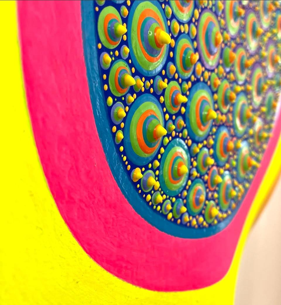 3D shaped painting / wall sculpture of African mask by Haitian-American artist - Yellow Figurative Painting by Claes Gabriel