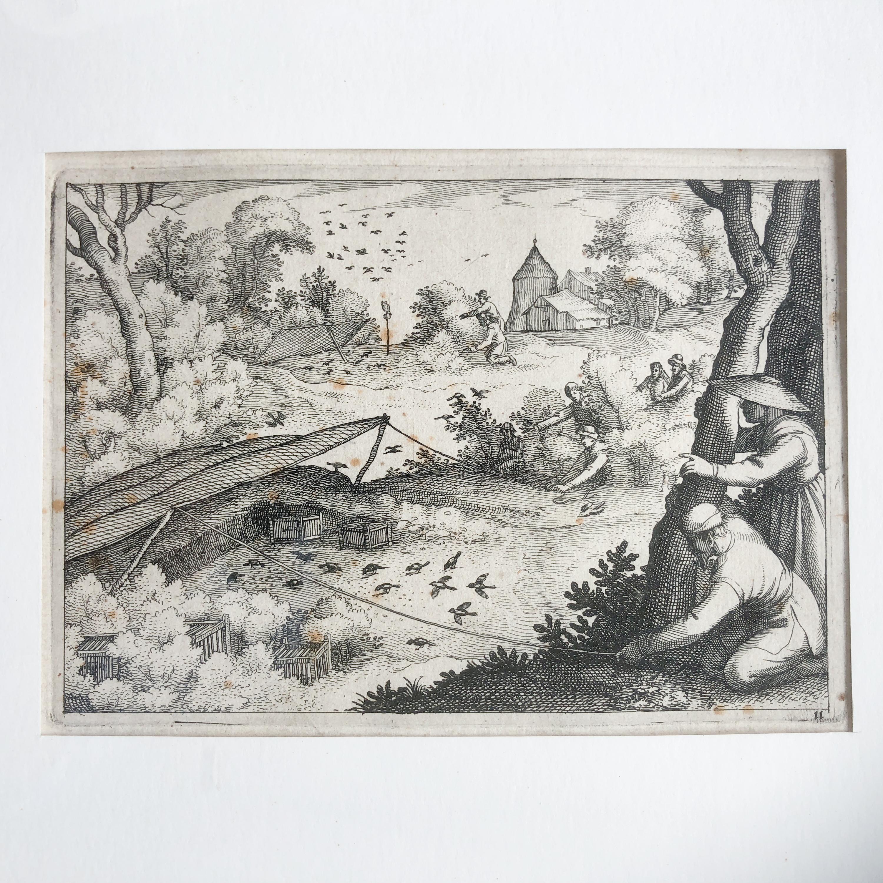 Baroque Claes Jansz. Visscher II ‘Catching Pigeons’, Copper Engraving, 1609 For Sale