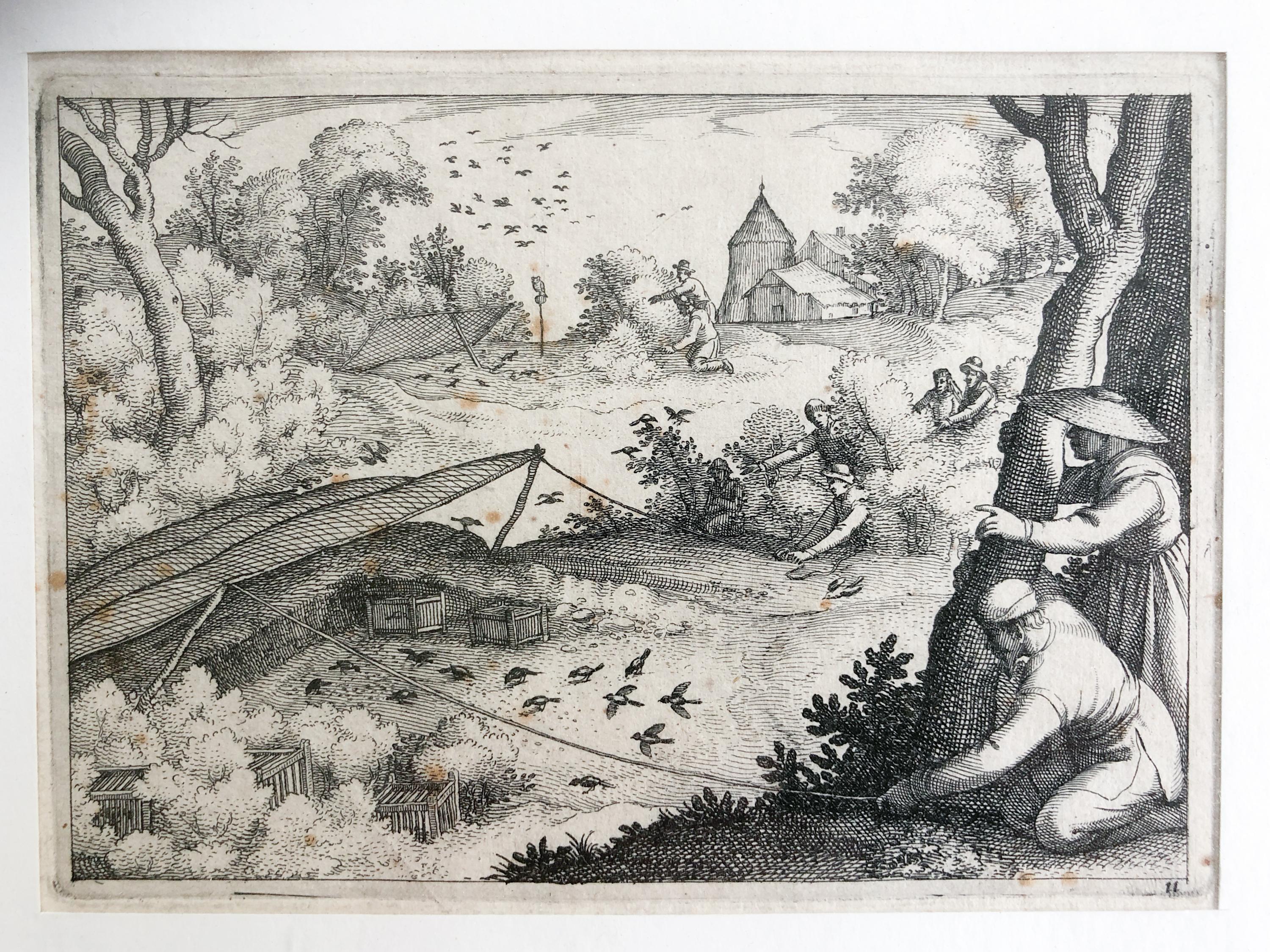 Belgian Claes Jansz. Visscher II ‘Catching Pigeons’, Copper Engraving, 1609 For Sale