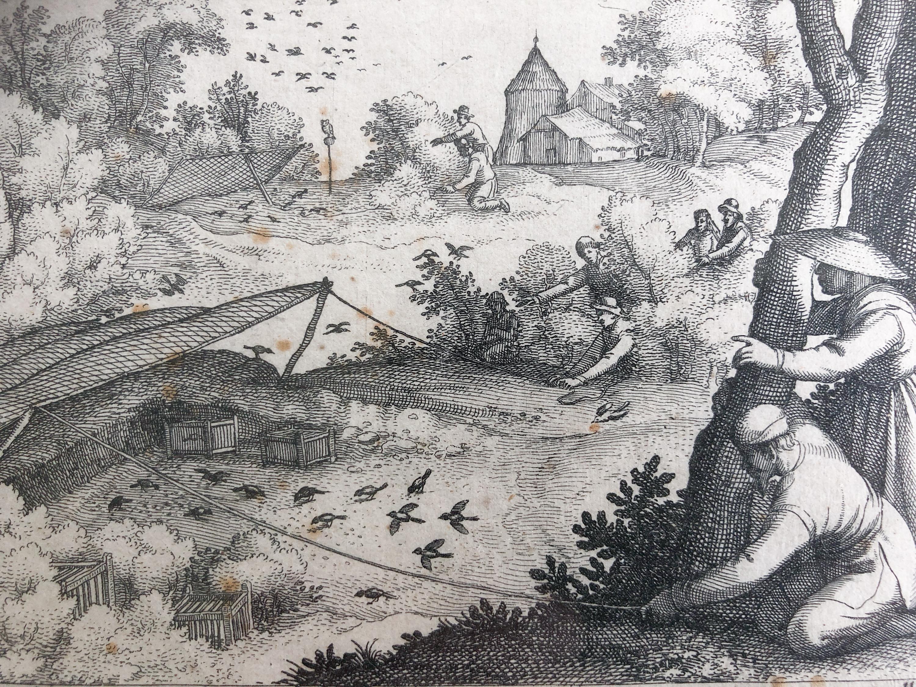 Engraved Claes Jansz. Visscher II ‘Catching Pigeons’, Copper Engraving, 1609 For Sale