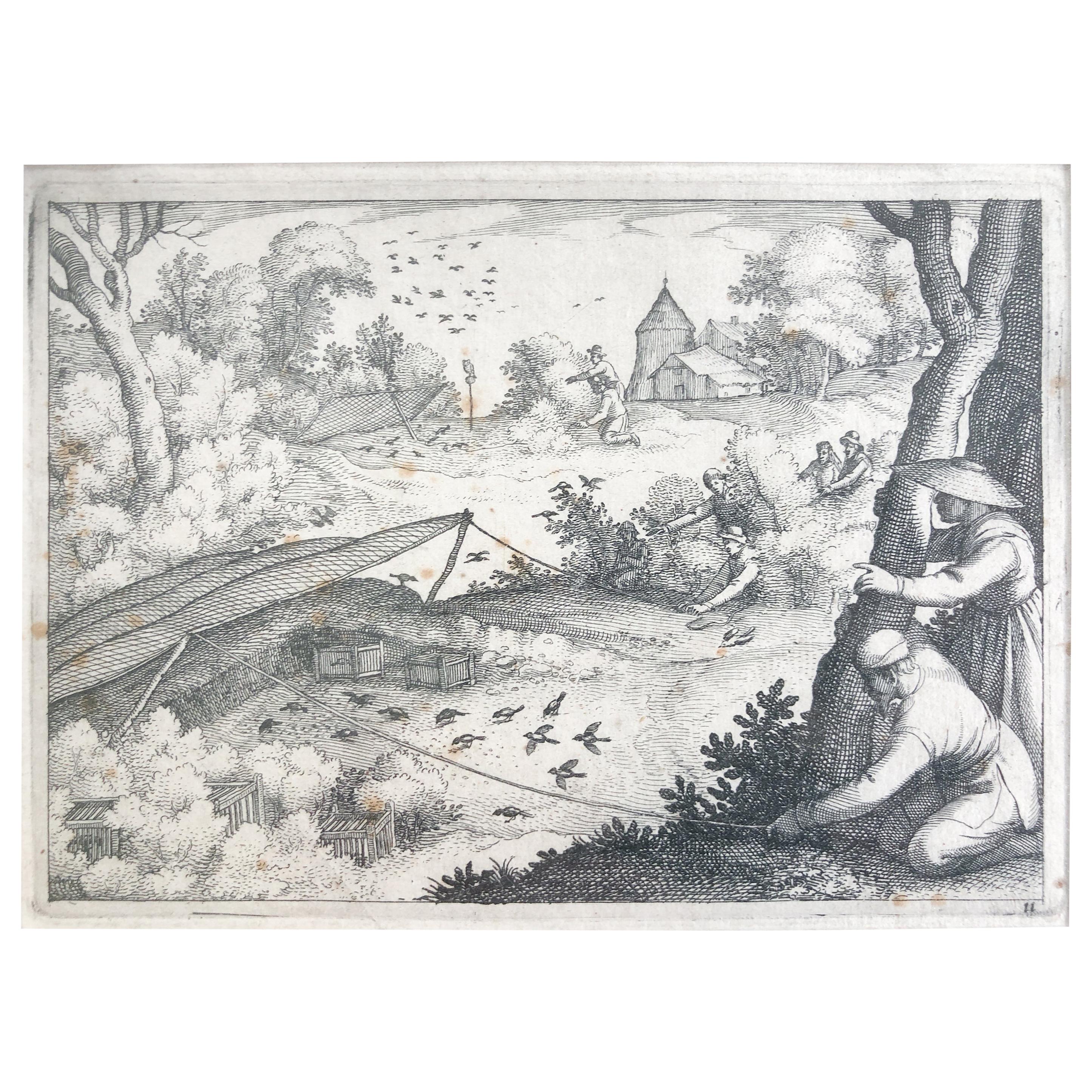 Claes Jansz. Visscher II ‘Catching Pigeons’, Copper Engraving, 1609 For Sale
