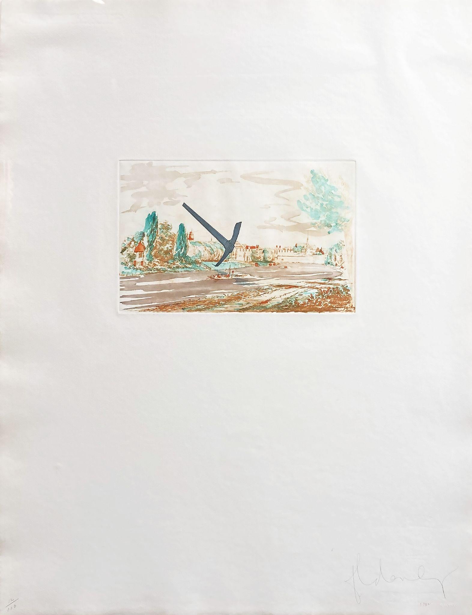 Pickaxe (Spitzhacke) Superimposed on a Drawing of the Site by E.L. Grimm - Mixed Media Art by Claes Oldenburg