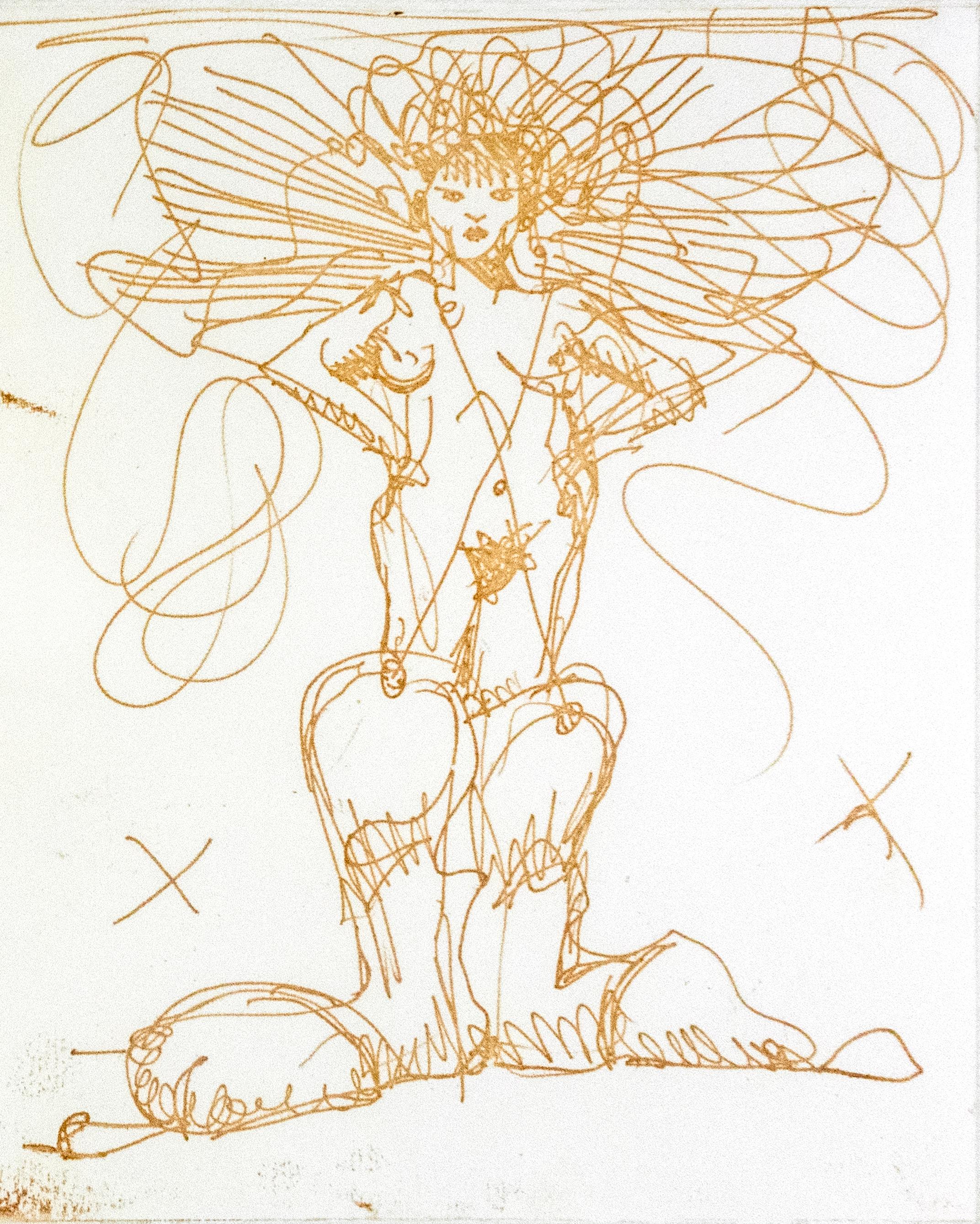Cette impression ludique et érotique de Claes Oldenburg est imprimée en or chatoyant. Une femme nue portant des bottes de cow-boy surdimensionnées se tient debout, les mains sur les hanches, un X griffonné de chaque côté de son torse. Des lignes